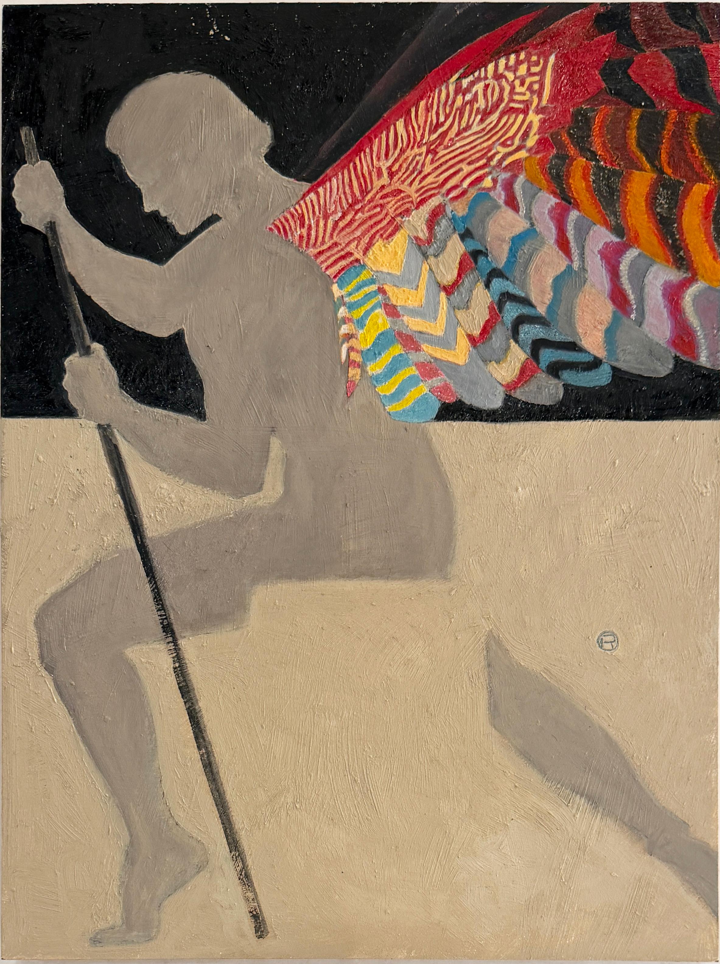 John rush Nude Painting - Winged Figure Study: Male Silhouette with Colorful Wings, 12x9 in