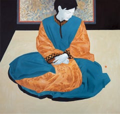 Donna in abito d'epoca, olio su tela dai colori vivaci, firmato, 32x34 in