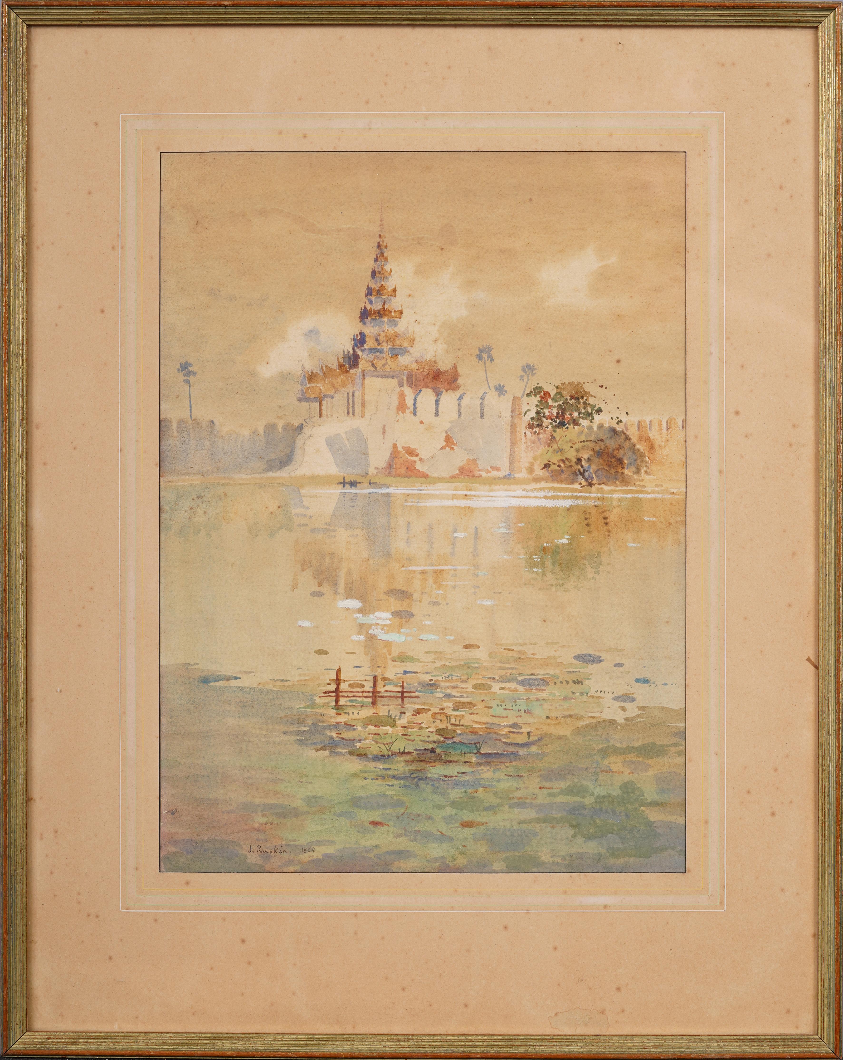 Antico dipinto inglese finemente dipinto, paesaggio del tempio tailandese, acquarello incorniciato - Painting di John Ruskin