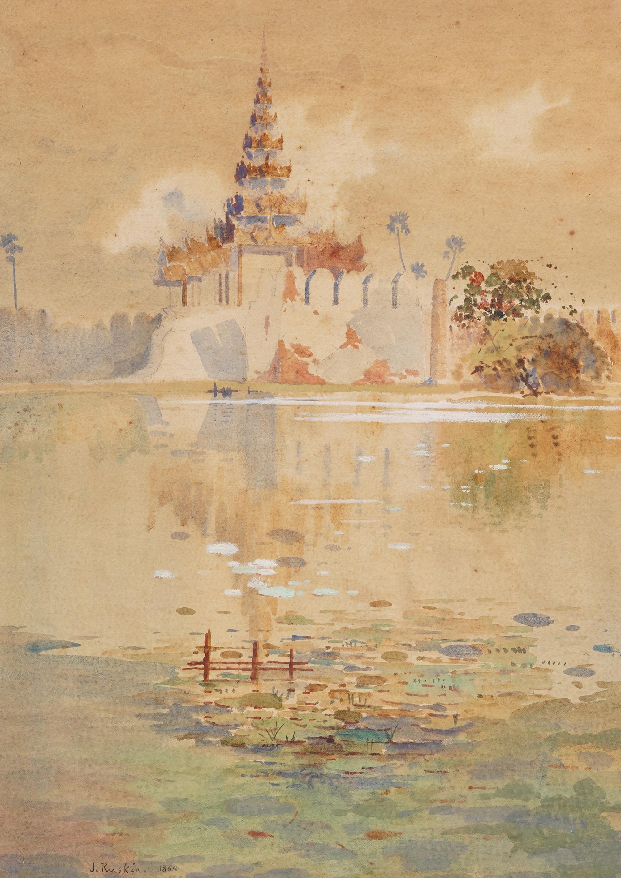 Antico dipinto inglese finemente dipinto, paesaggio del tempio tailandese, acquarello incorniciato - Landscape Painting Beige di John Ruskin