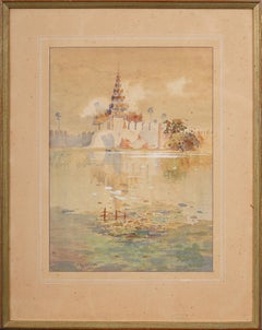 Antico dipinto inglese finemente dipinto, paesaggio del tempio tailandese, acquarello incorniciato