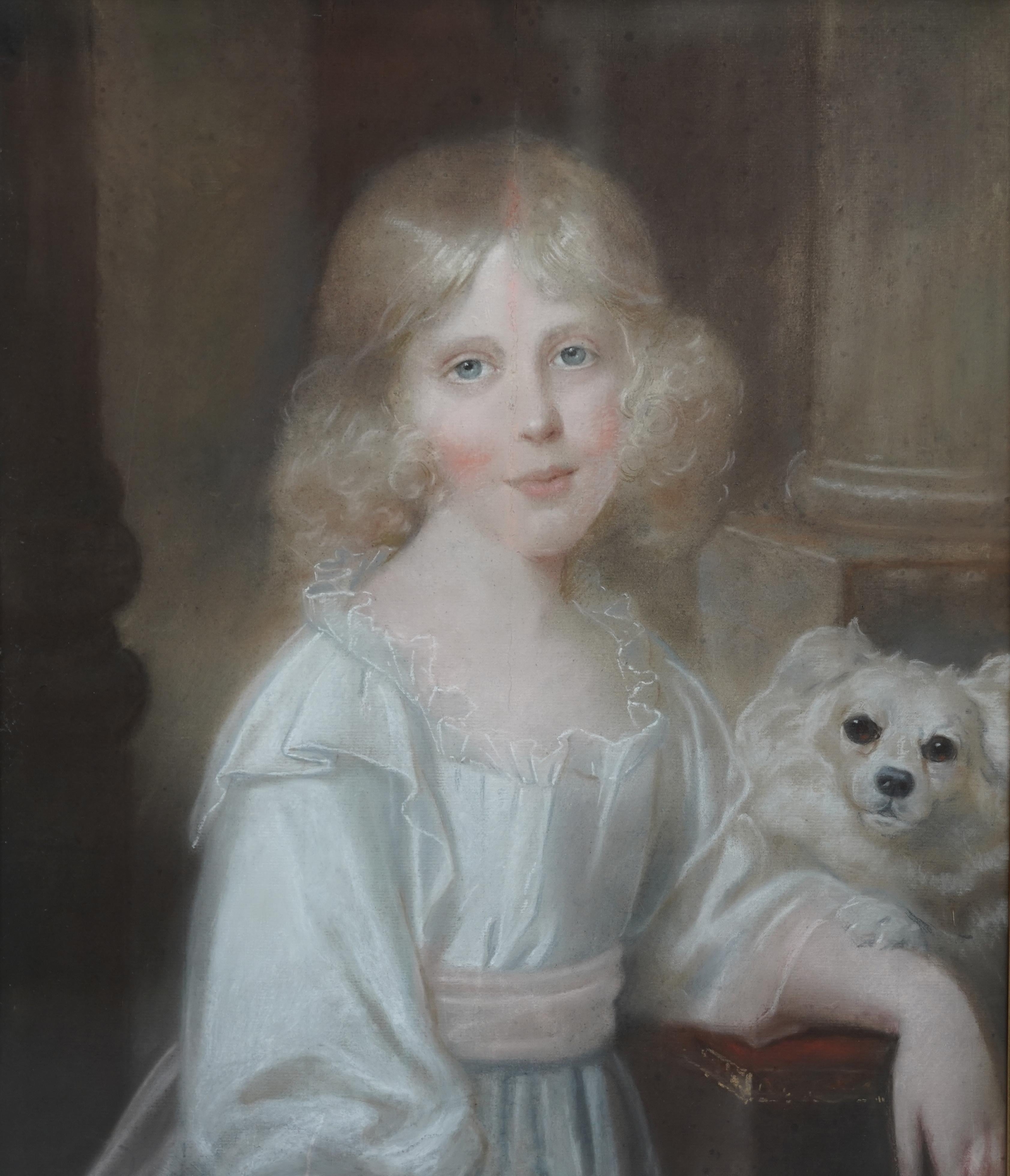 Portrait of Girl with White Dog - British Old Master Regency art oil pastel 1
