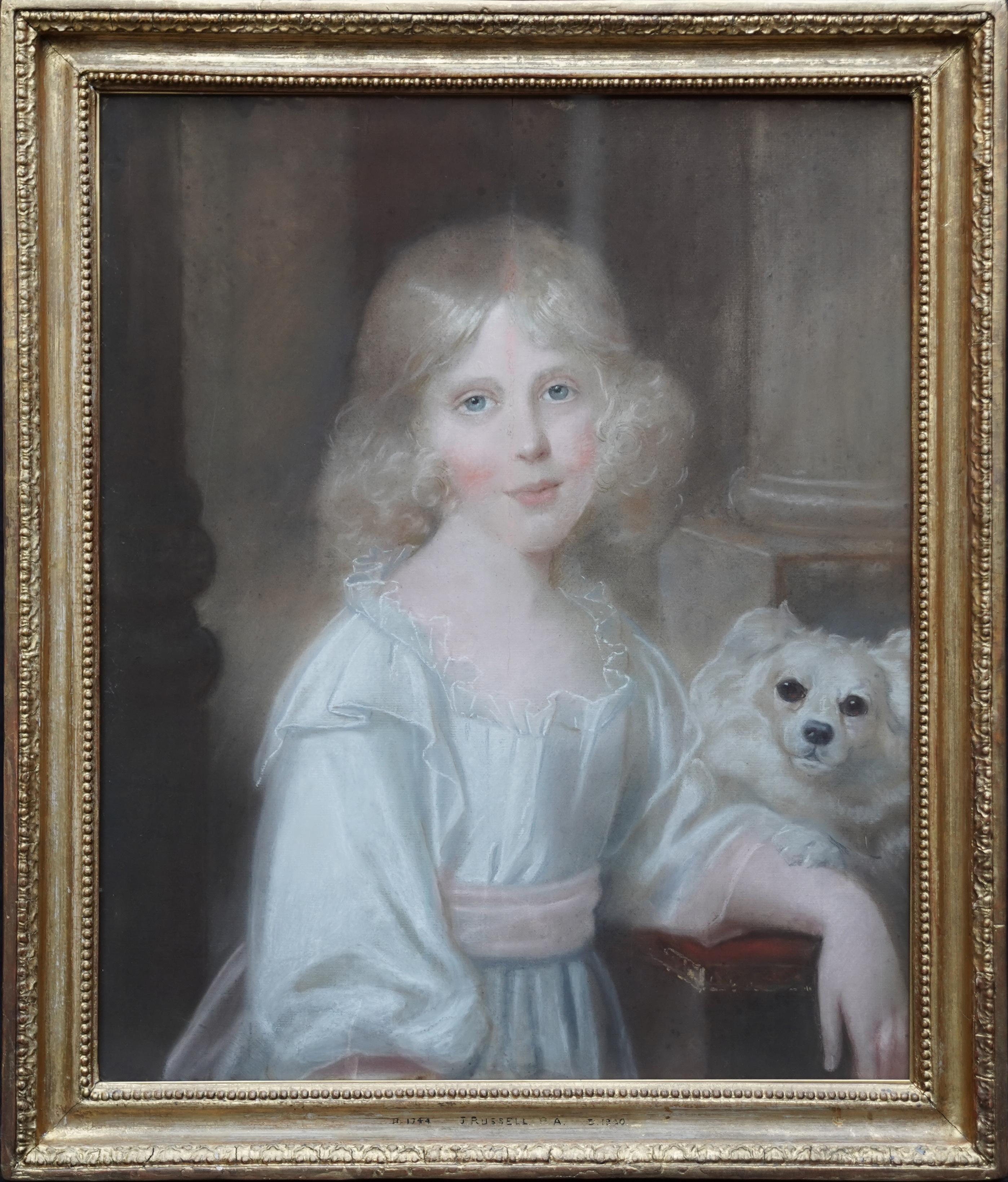 John Russell (att) Animal Painting - Portrait of Girl with White Dog - British Old Master Regency art oil pastel