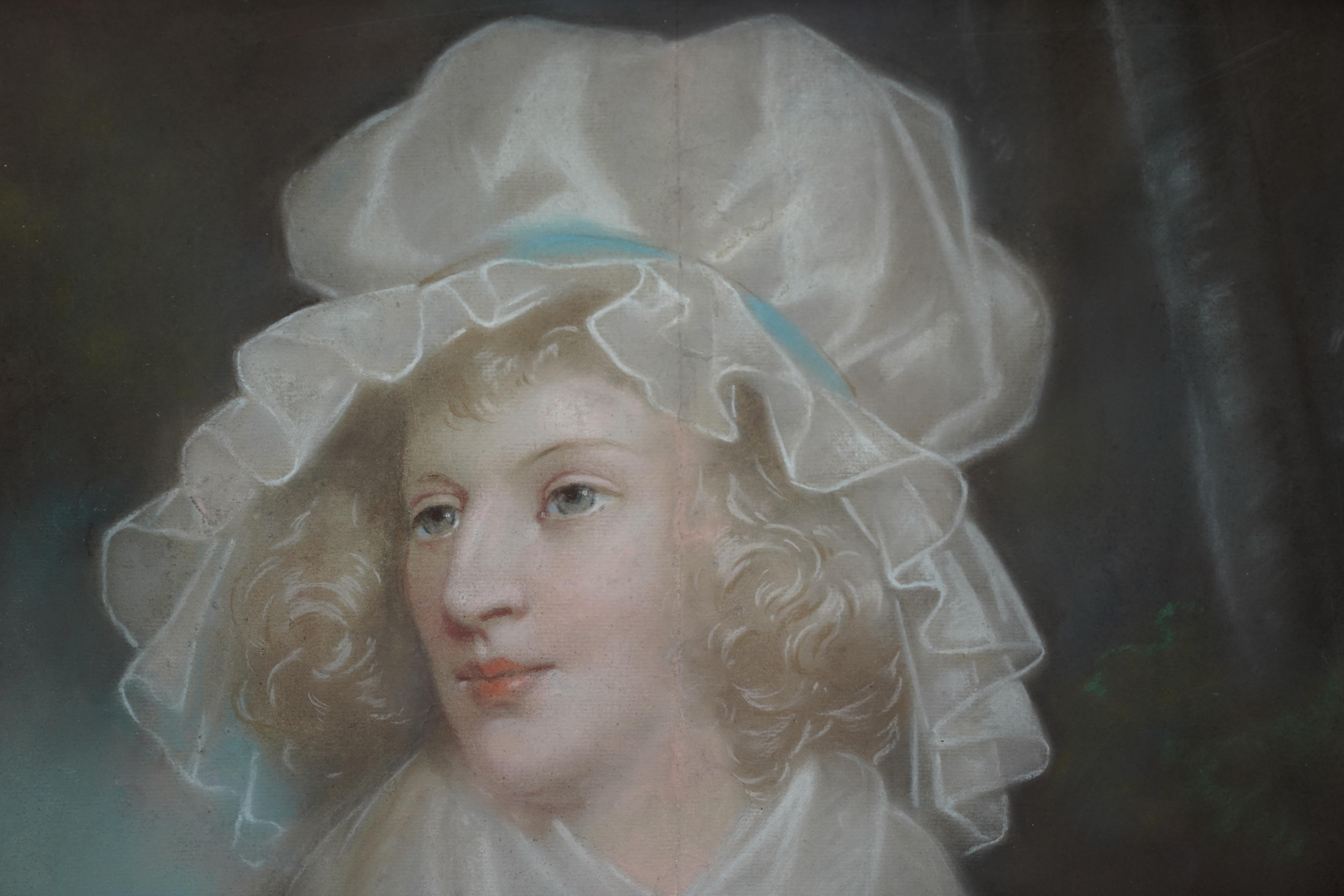 This charming British Old Master Regency pastel portrait is attributed to John Russell RA. Painted circa 1790 the composition is a blonde woman in pretty mob cap with a blue ribbon. A really lovely image. 
Provenance. Oxford estate. 
Condition. Oil