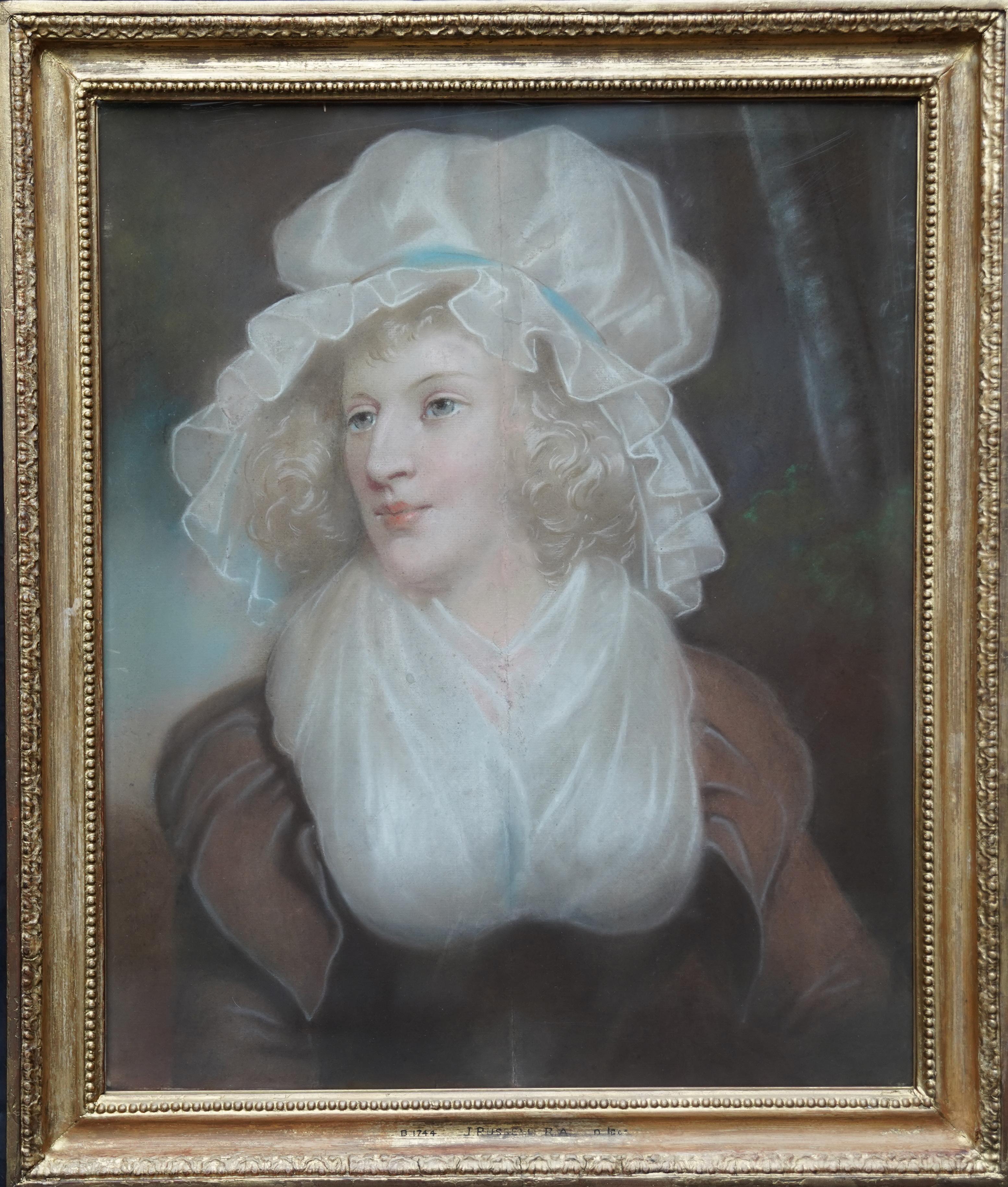 John Russell (att) Portrait Painting – Porträt einer Dame in Mob Cap - Britisches Ölgemälde eines alten Meisters aus dem 18. Jahrhundert