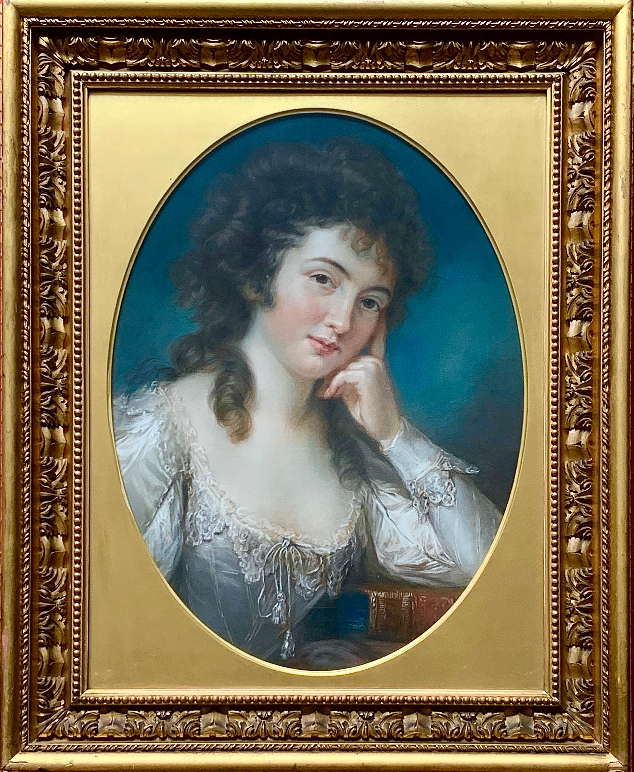 18th Century English Pastel Portrait of a Lady in a White Silk Dress. - Painting by John Russell