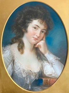 18th Century English Pastel Portrait of a Lady in a White Silk Dress.