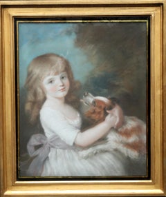 Antique Portrait of Mary Bushby with Dog - British Old Master Regency art painting