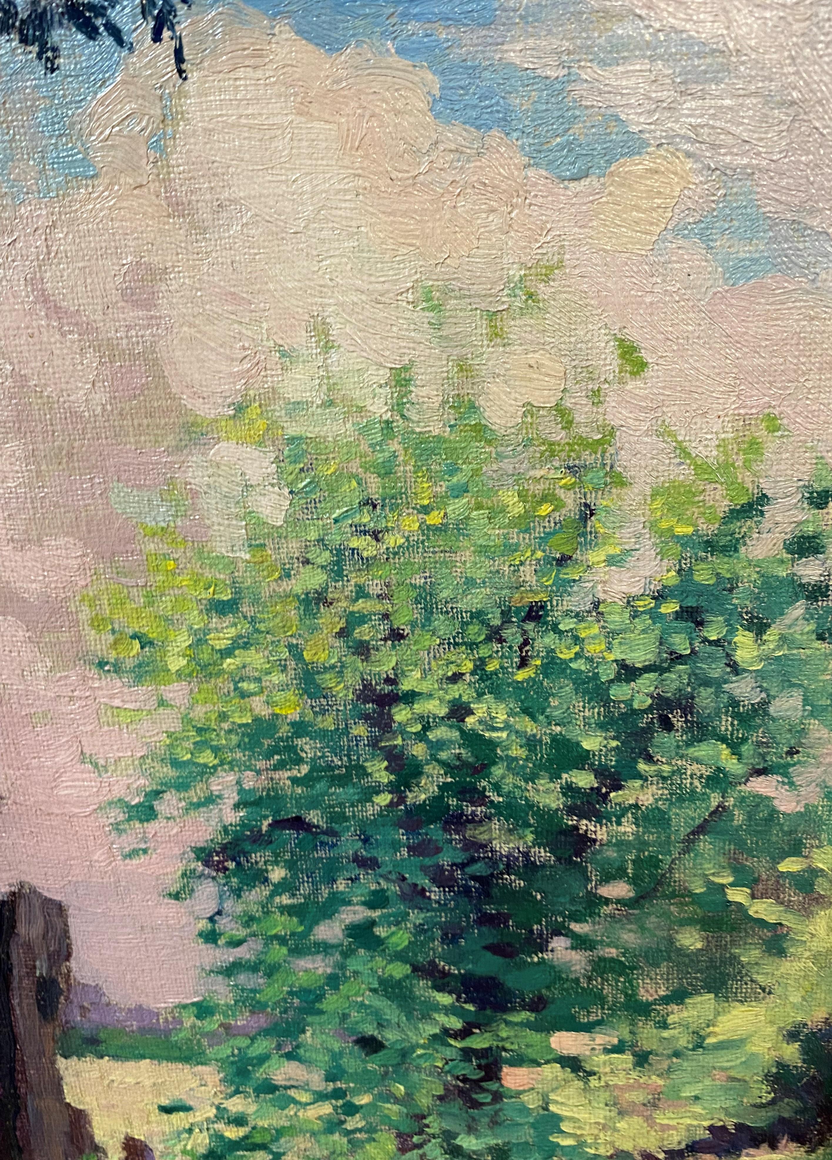 Une belle peinture à l'huile impressionniste d'une femme assise près d'une clôture par l'artiste américain John Rutherford Boyd (1884-1951). Boyd est né à Philadelphie, en Pennsylvanie, et a fréquenté la Pennsylvania Academy of Fine Arts, où il a