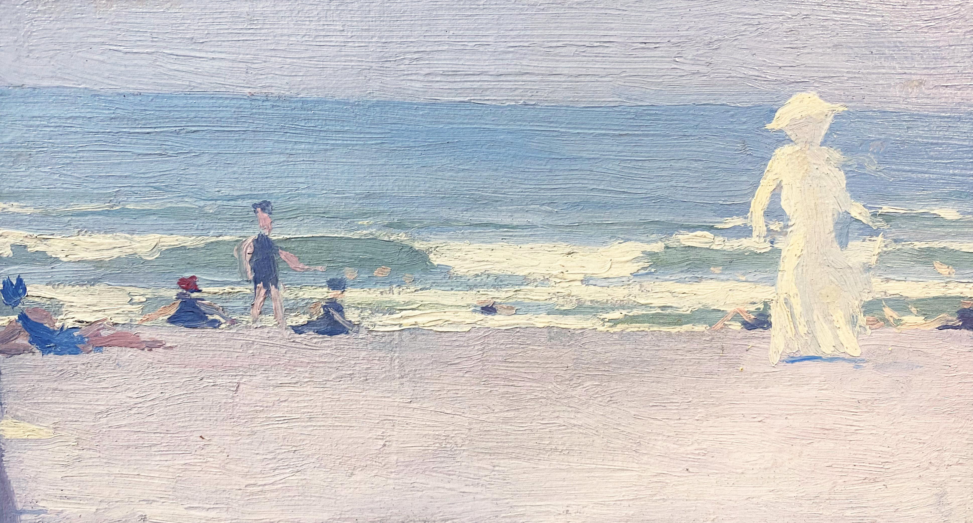 Une belle peinture à l'huile impressionniste d'une scène de plage avec des personnages par l'artiste américain John Rutherford Boyd (1884-1951). Boyd est né à Philadelphie, en Pennsylvanie, et a fréquenté l'Académie des beaux-arts de Pennsylvanie,