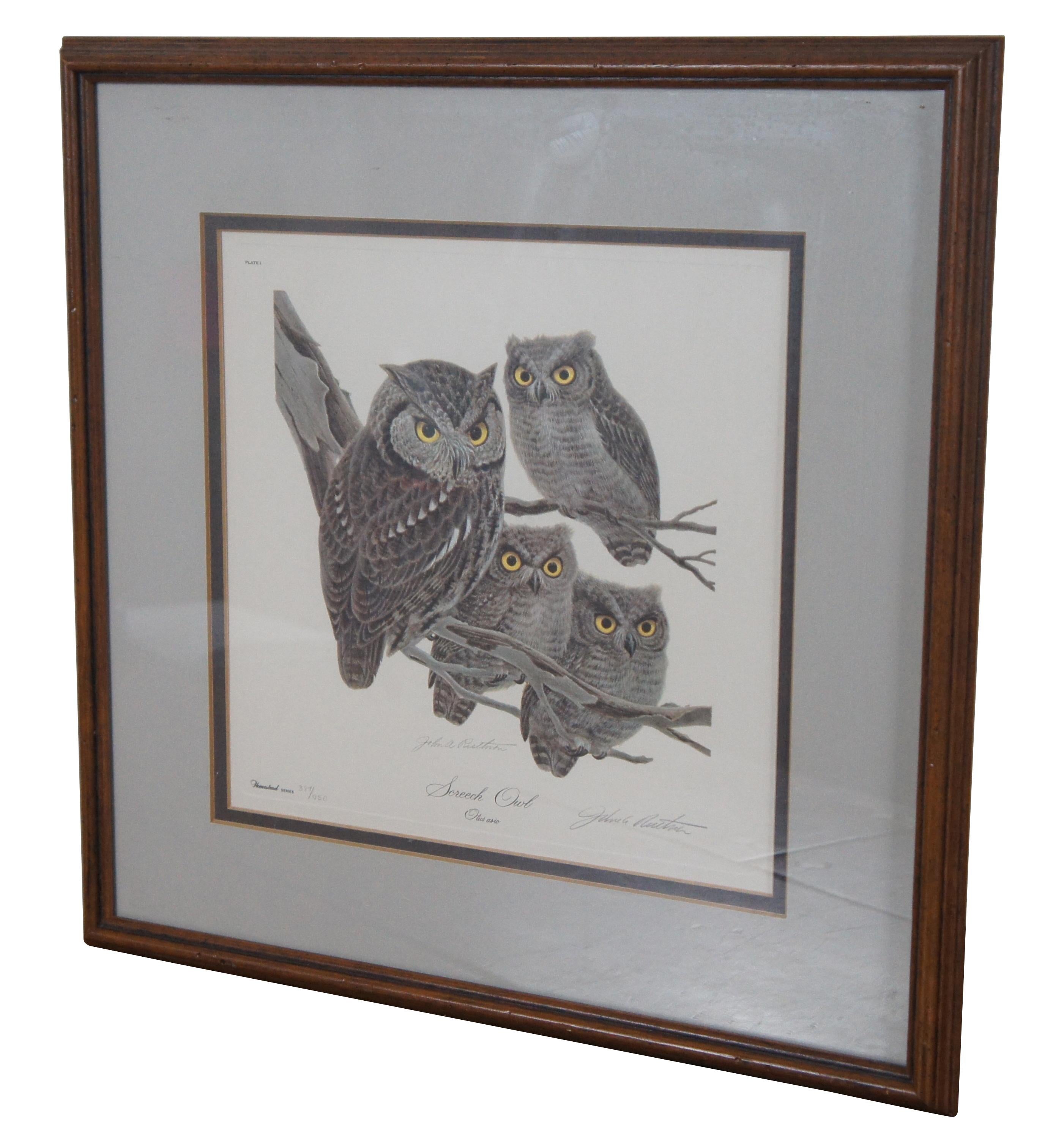 Vintage framed lithograph print of Screech Owl (Otus asio) – Plate 1 No. 387 from the Homestead Series by John A. Ruthven. Pencil signed and numbered 387/950.

“John Aldrich Ruthven (November 12, 1924 – October 11, 2020) was an American artist best