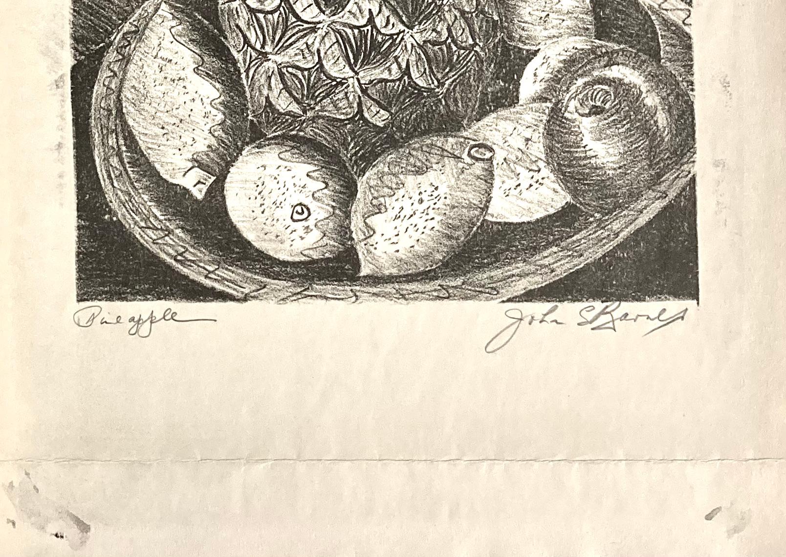 A still life with a pineapple at the center, surrounded by lemons. The background has a pattern that relates to the carefully drawn surface of the pineapple.
Signed and titled in pencil.