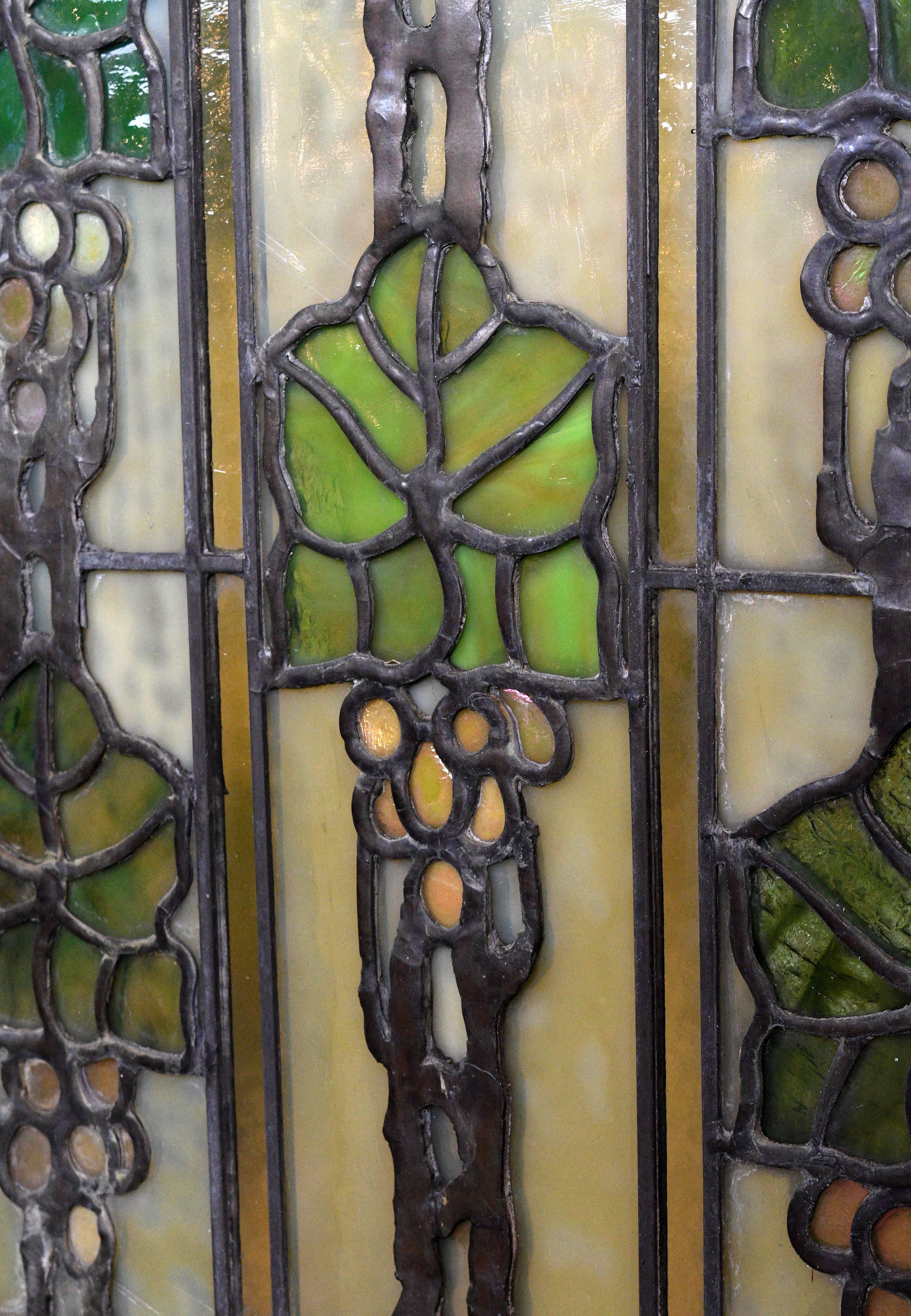Early 20th Century John S. Bradstreet Grape Leaves Stained Glass Window Set