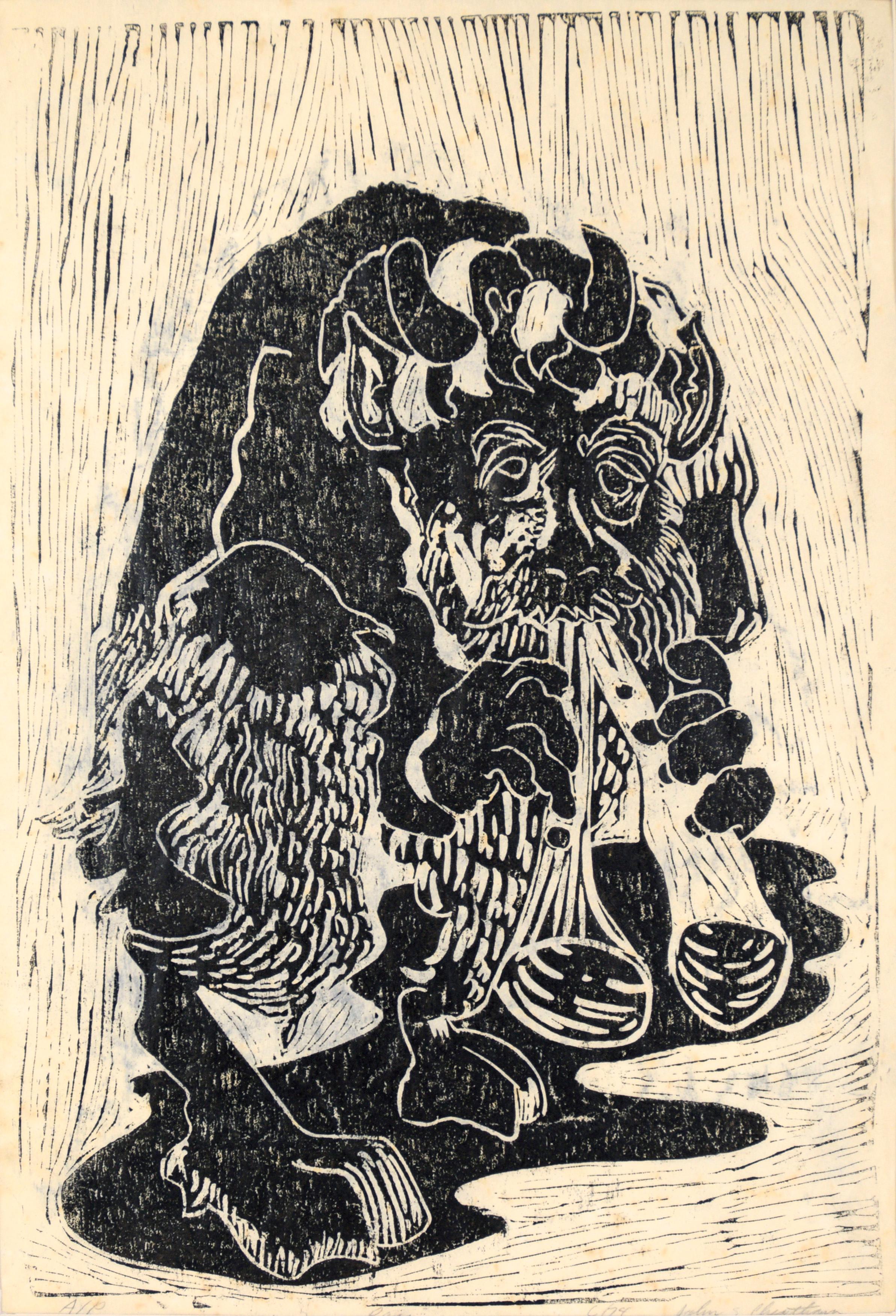 Pan with Flutes - Original Bay Area Woodblock Print - Black Animal Print by John S. Cheatham