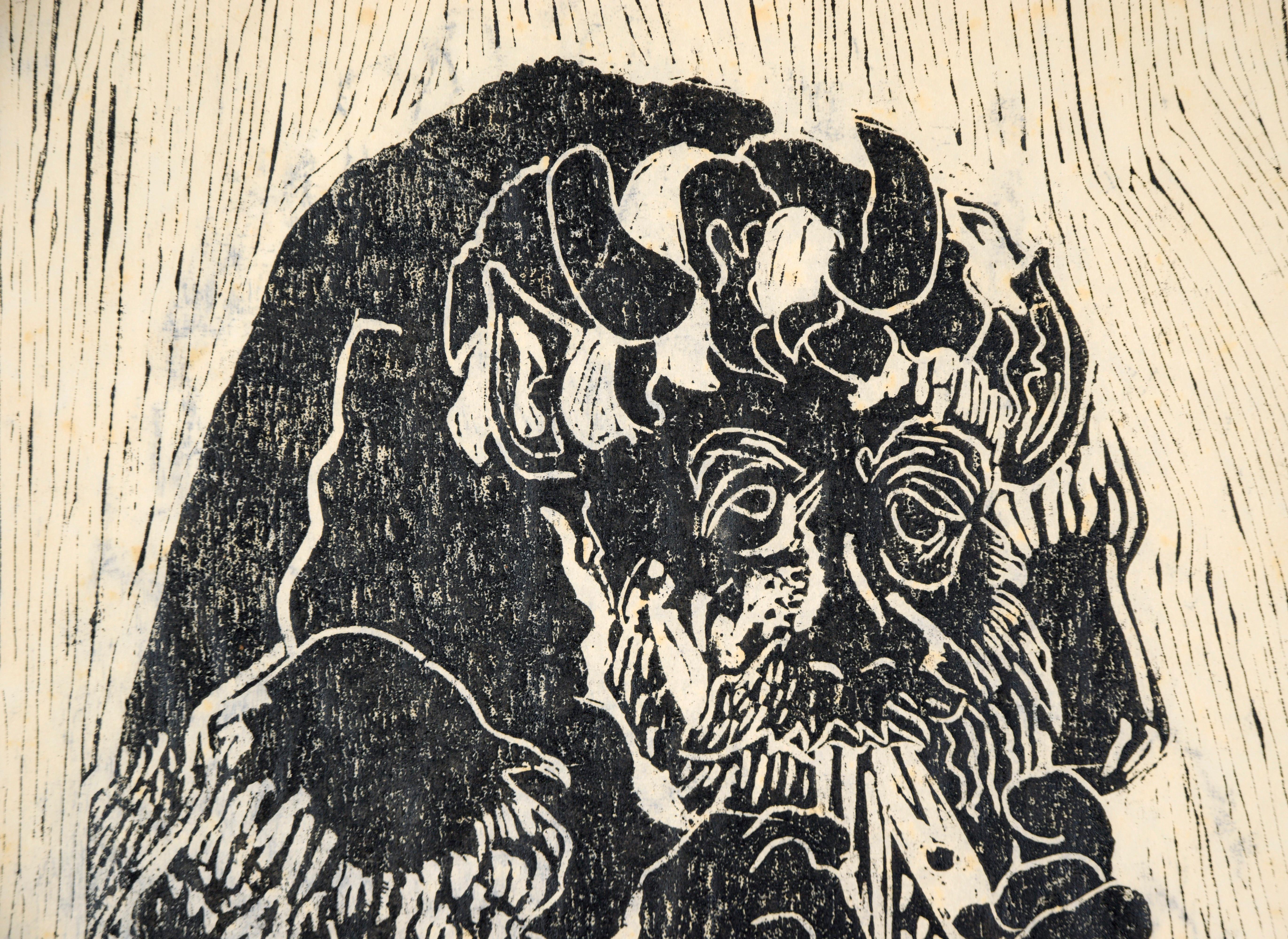 Pan with Flutes - Original Bay Area Woodblock Print

Bold and dynamic print of the mythological figure Pan playing double flutes by John S. Cheatham (American.) Pan stands in the center of the composition, holding a flute side in each hand and