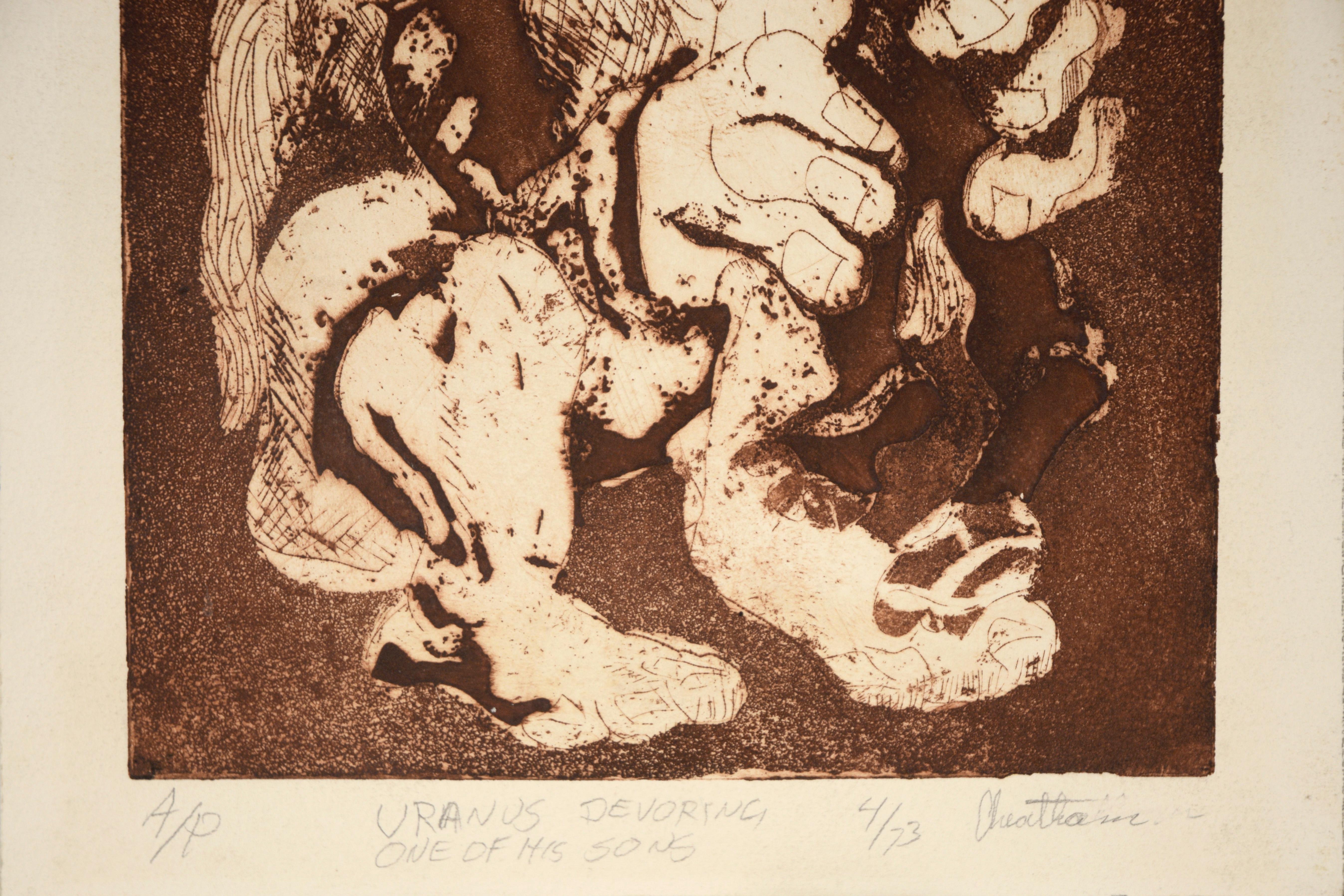 Uranus dévorant un fils - Gravure mythologique de la Baie de San Francisco

Gravure à l'eau forte basée sur un mélange d'histoires tirées de la mythologie grecque par John S. Cheatham (américain). Dans le mythe grec standard, décrit dans la