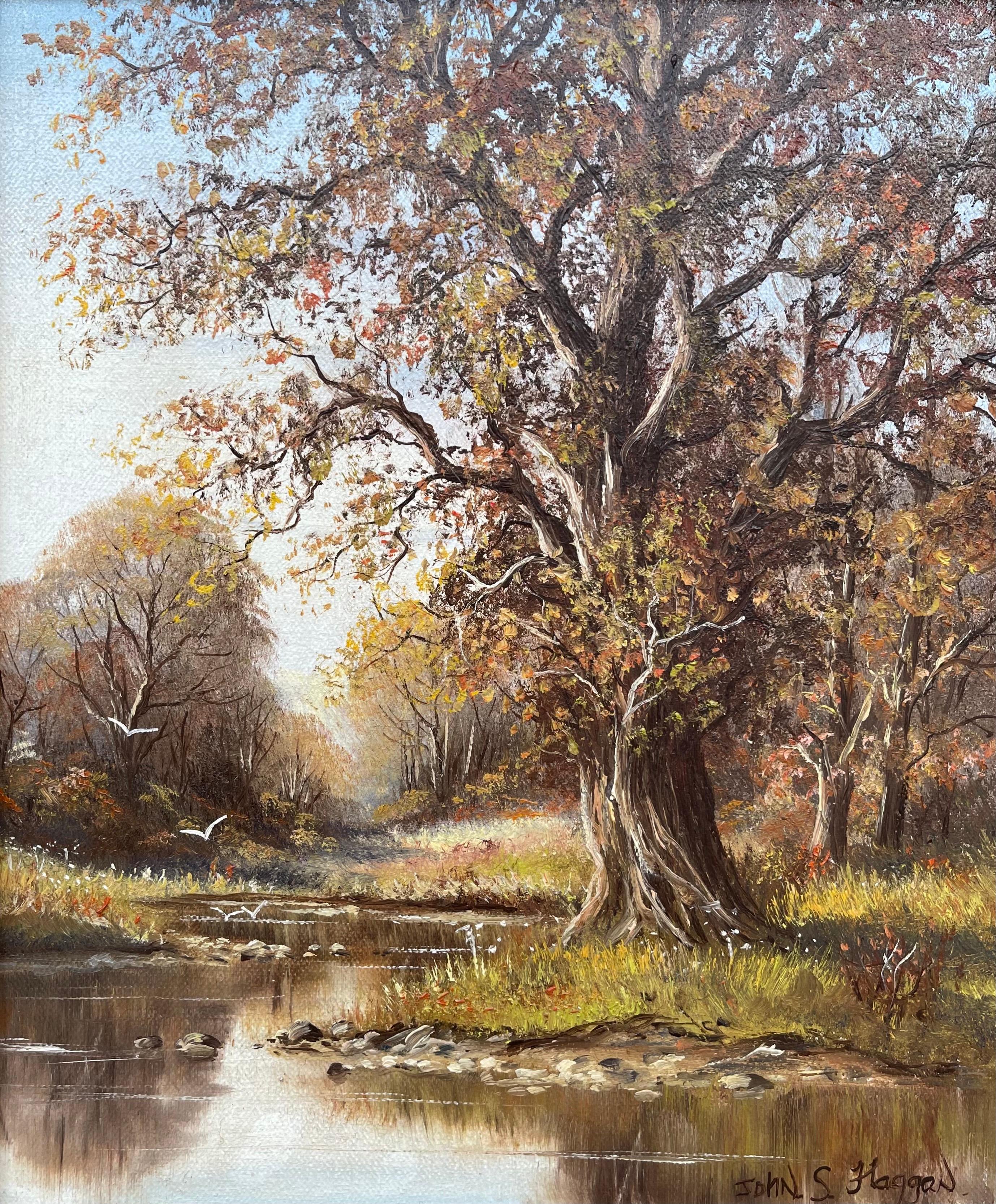 Alberi autunnali lungo il fiume nella contea di Tyrone, opera di un artista irlandese moderno del XX secolo in vendita 5