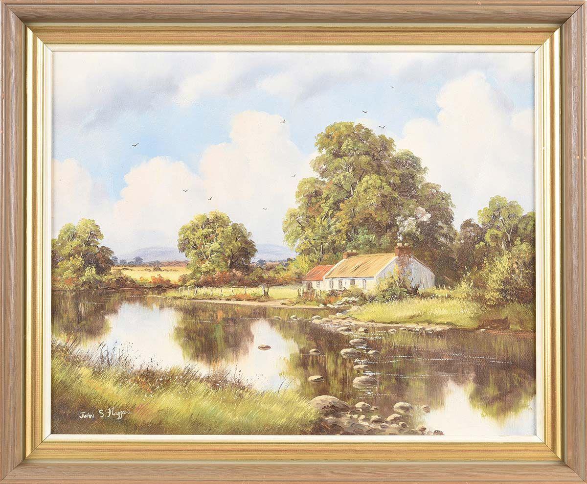Flusslandschaft mit Hütte in Irland von modernem irischen Künstler des 20. Jahrhunderts (Realismus), Painting, von John S Haggan