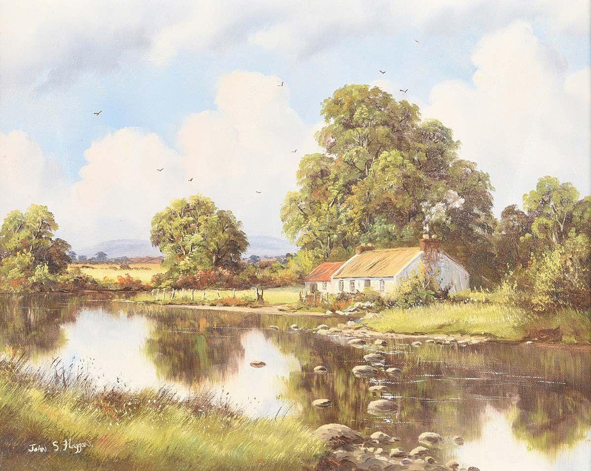 Flusslandschaft mit Hütte in Irland von modernem irischen Künstler des 20. Jahrhunderts (Beige), Landscape Painting, von John S Haggan