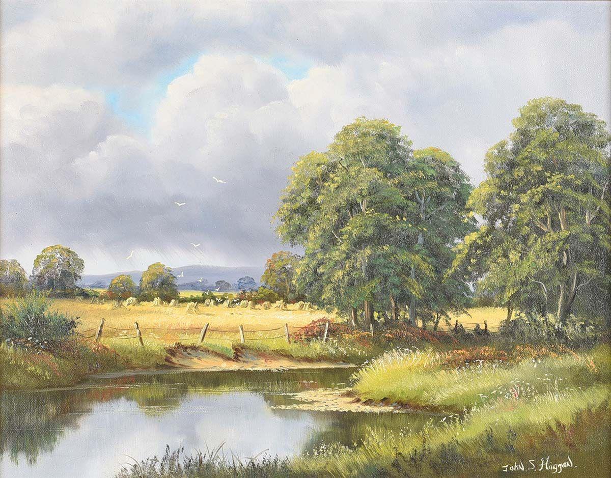 Paysage fluvial avec nuages de pluie en Irlande par un artiste irlandais moderne du 20e siècle - Painting de John S Haggan