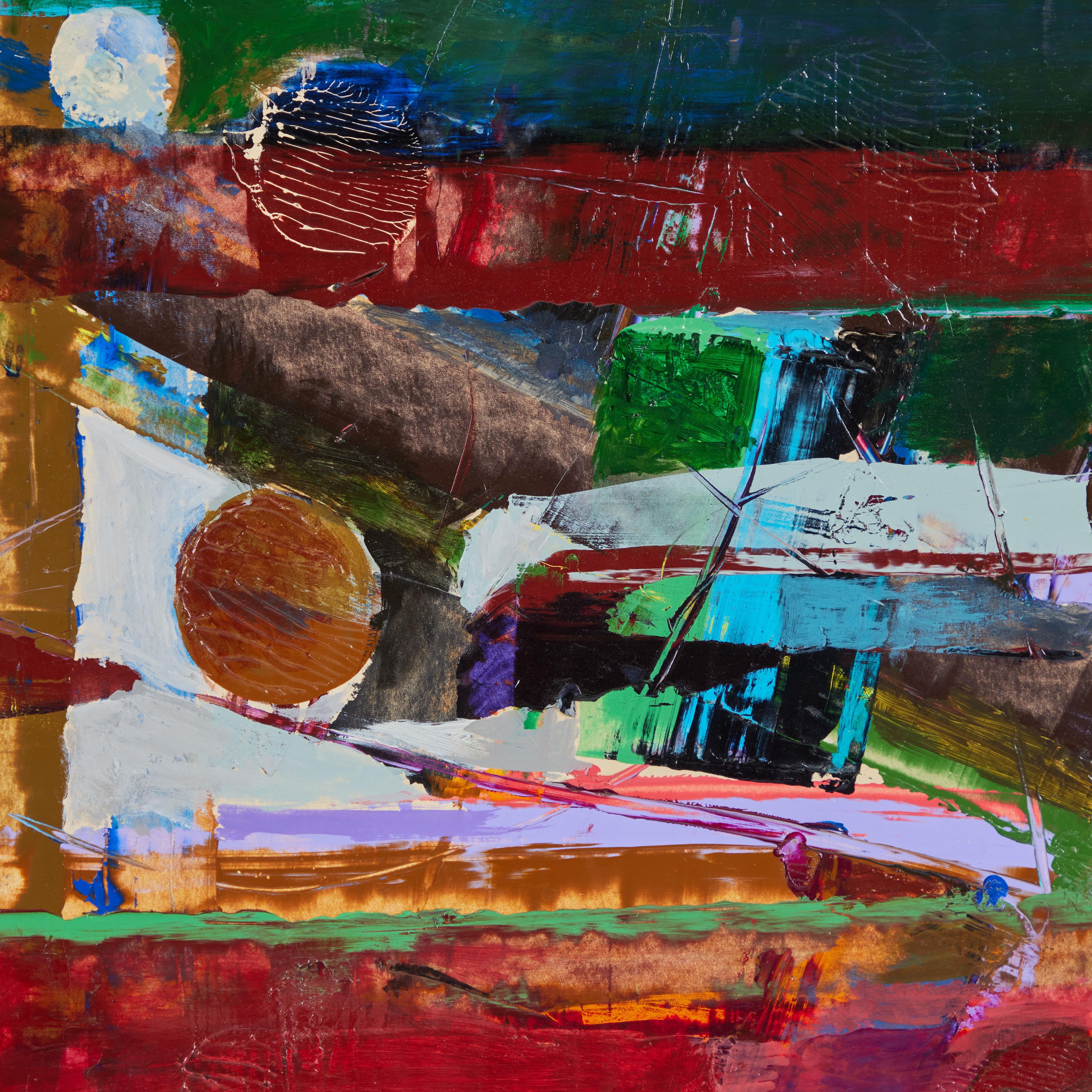 Il s'agit d'une magnifique peinture à l'huile abstraite sur panneau de bois de John Saccaro, acquise auprès de sa succession. Saccaro était un artiste de premier plan à San Fransisco dans les années 1940-1960. Son utilisation audacieuse des couleurs