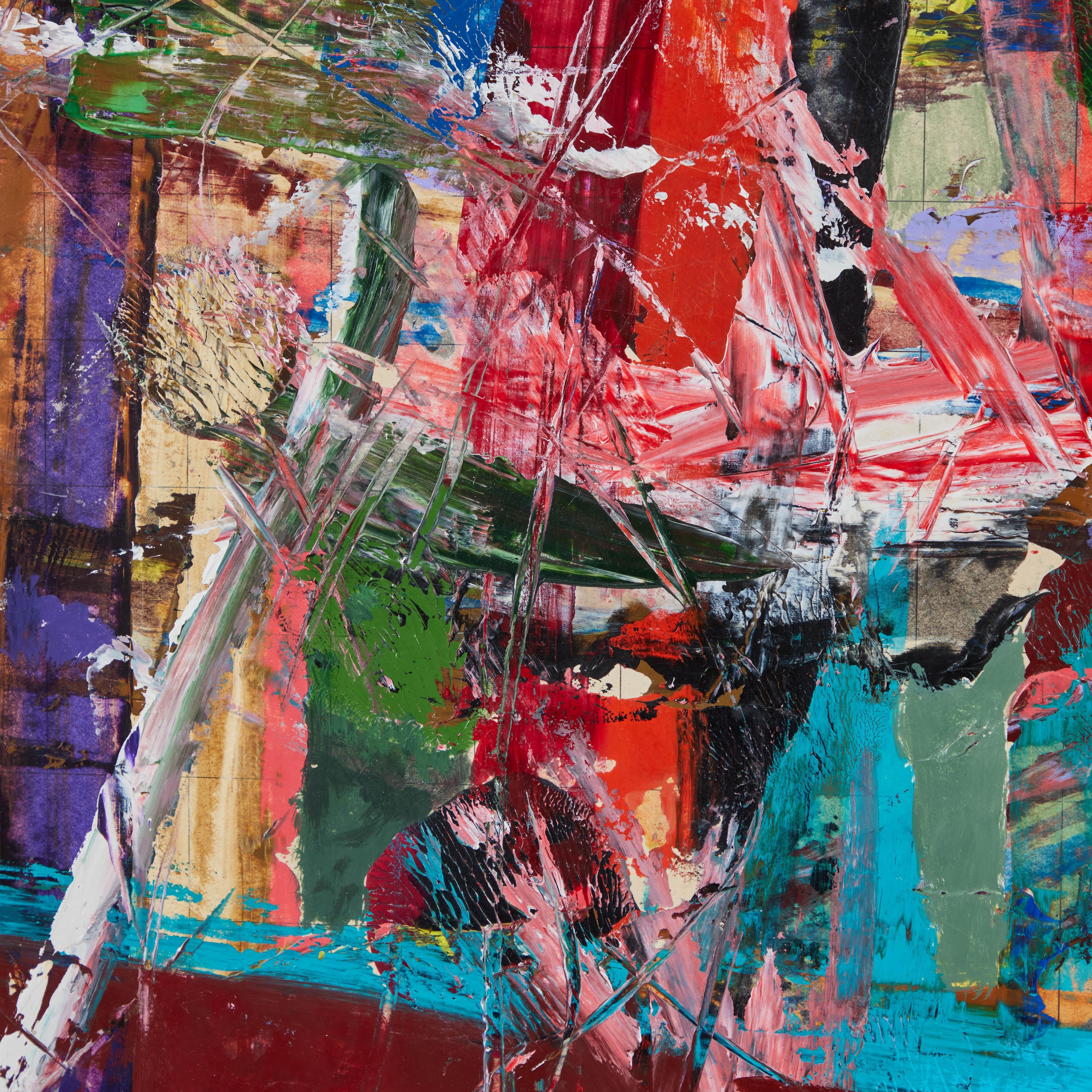 This is a wonderful abstract oil painting on a wood panel by John Saccaro, acquired from his estate. Saccaro was a prominent artist in San Fransisco in the 1940-1960s. His bold use of colors and 