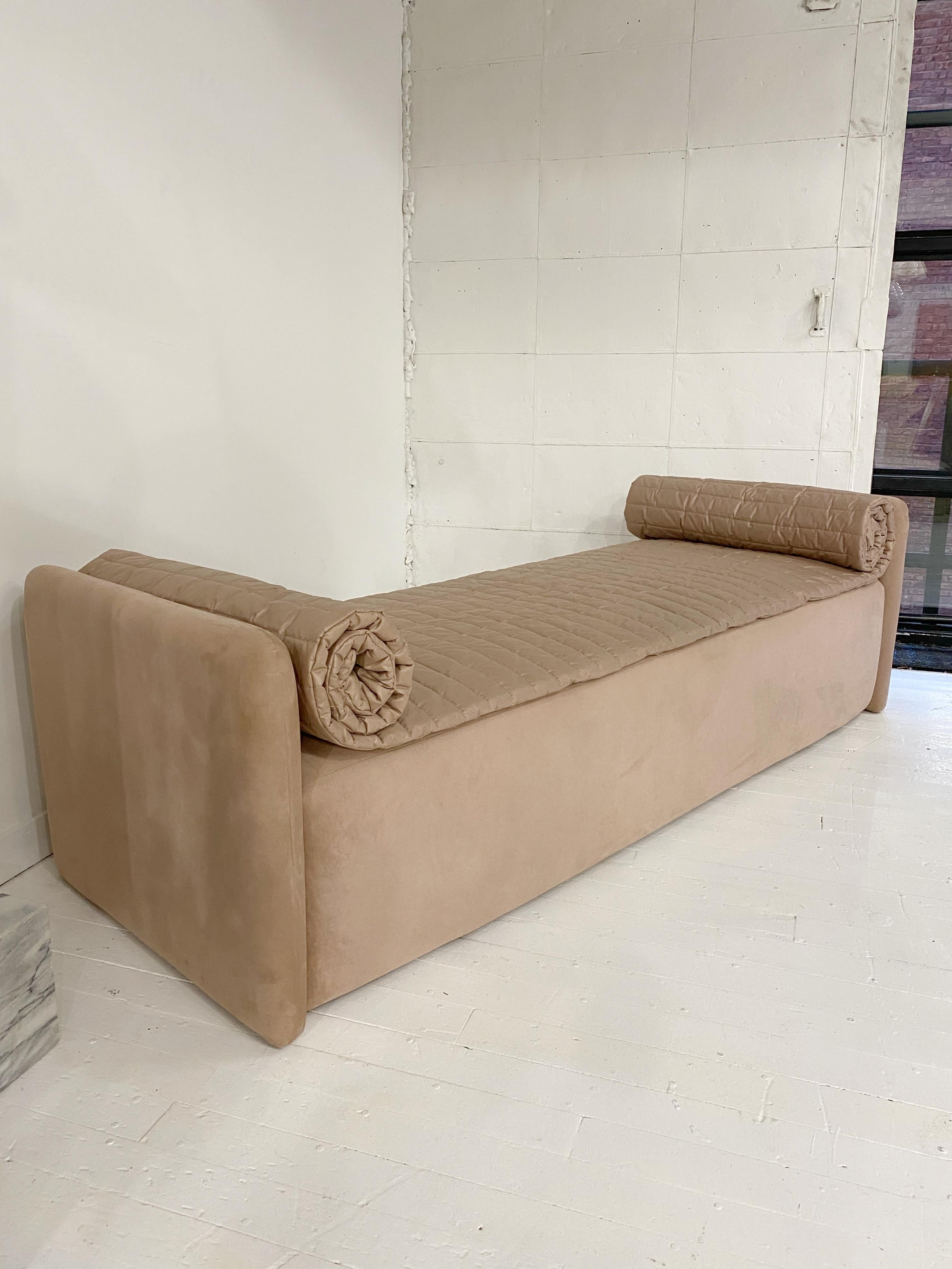 John Saladino blush pink chaise. Micro suede fabric with removable quilted top.