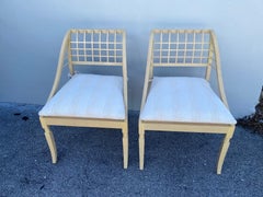 John Saladino Lattice Wood Framed Sleigh Chairs, Pair
