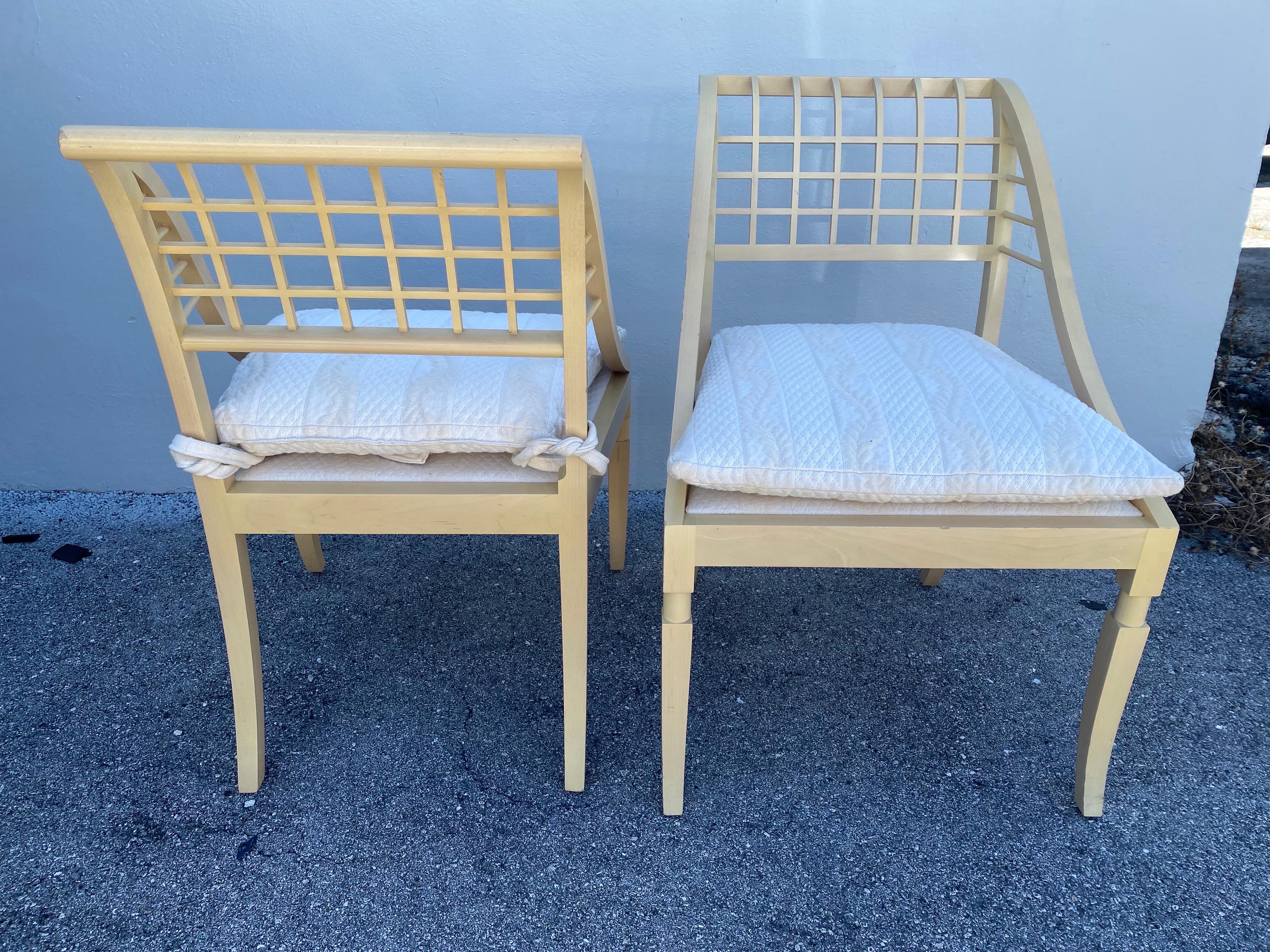 Post-Modern John Saladino Lattice Wood Framed Sleigh Chairs, Pair For Sale