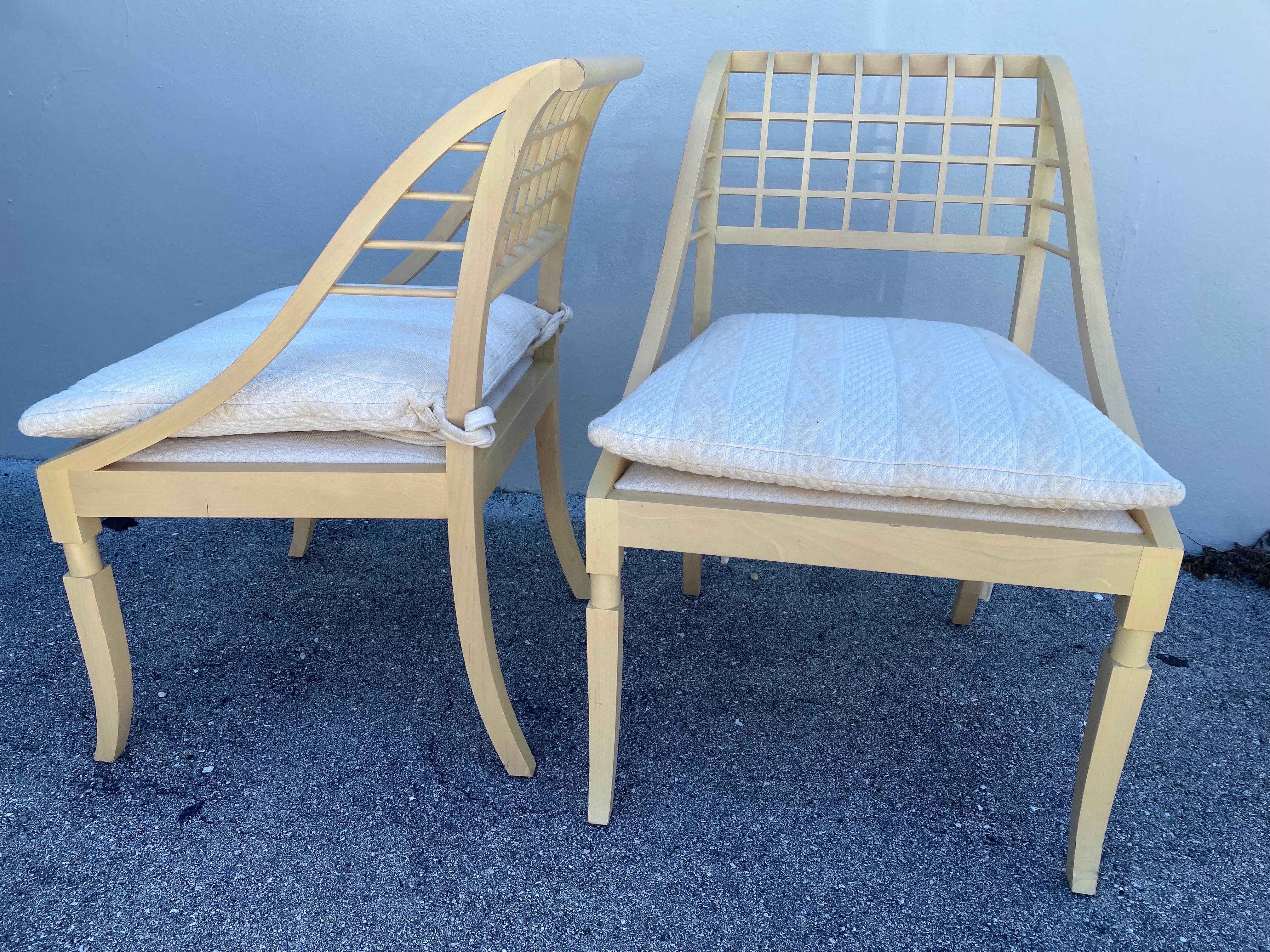American John Saladino Lattice Wood Framed Sleigh Chairs, Pair For Sale