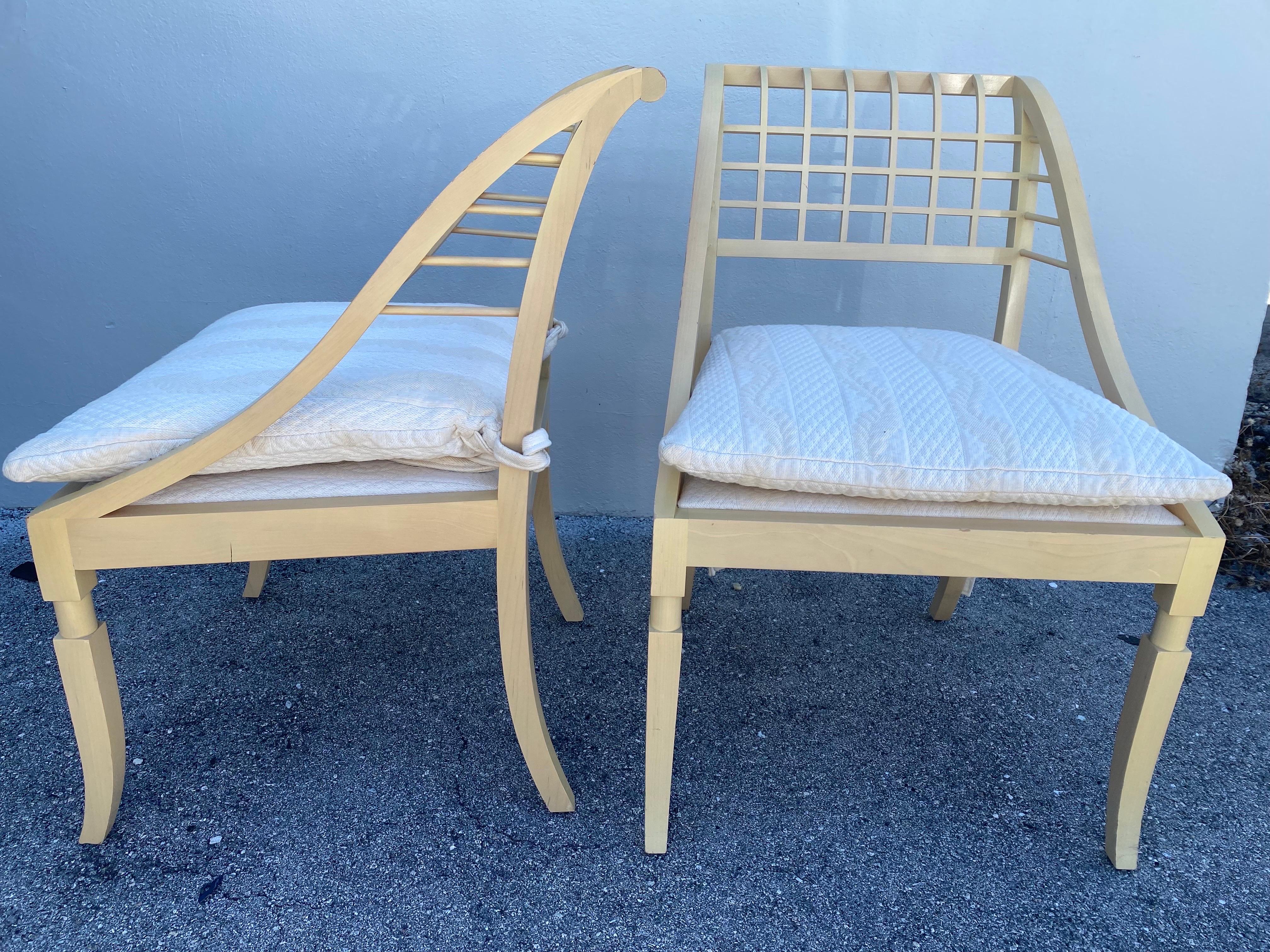 John Saladino Lattice Wood Framed Sleigh Chairs, Pair In Good Condition For Sale In East Hampton, NY