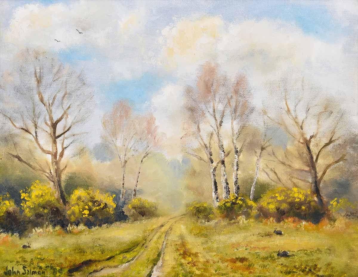 Oil Painting of Gorse on the Common with Trees & Rabbits in Oxfordshire England - Beige Animal Painting by John Salmon