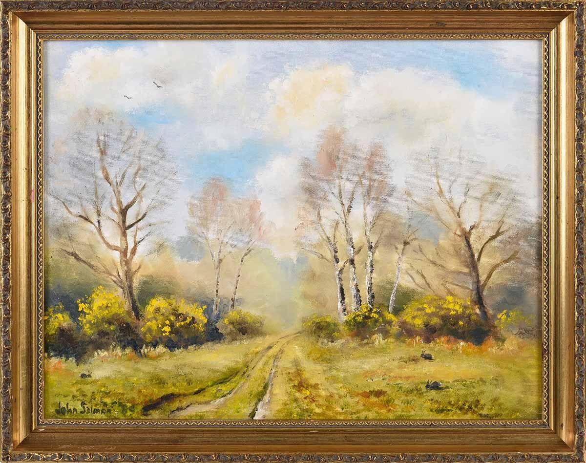 John Salmon Animal Painting – Ölgemälde einer Gorse auf dem Common mit Bäumen und Kaninchen in Oxfordshire, England