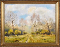 Retro Oil Painting of Gorse on the Common with Trees & Rabbits in Oxfordshire England