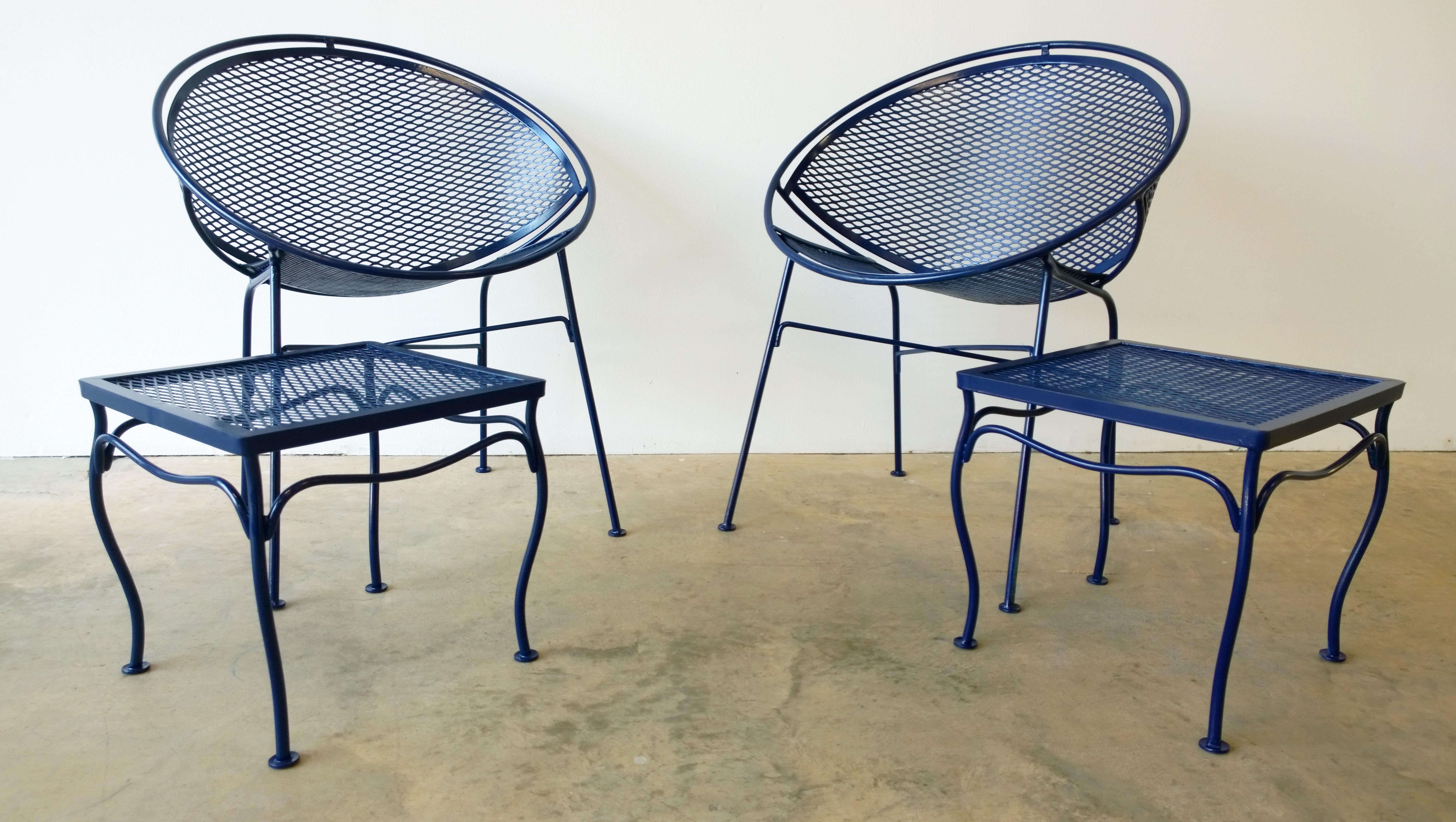 John Salterini Attributed Wrought Iron Enameled in Blue Patio/Garden Stools Pair 5