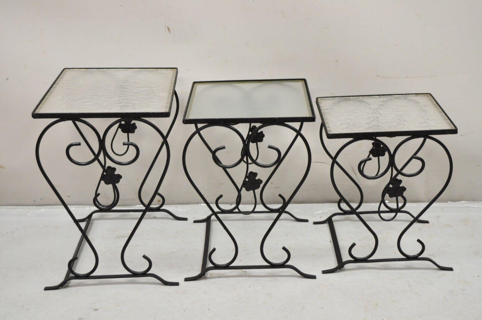 Art Nouveau John Salterini Black Wrought Iron Maple Leaf Garden Nesting Tables - Set of 3 For Sale