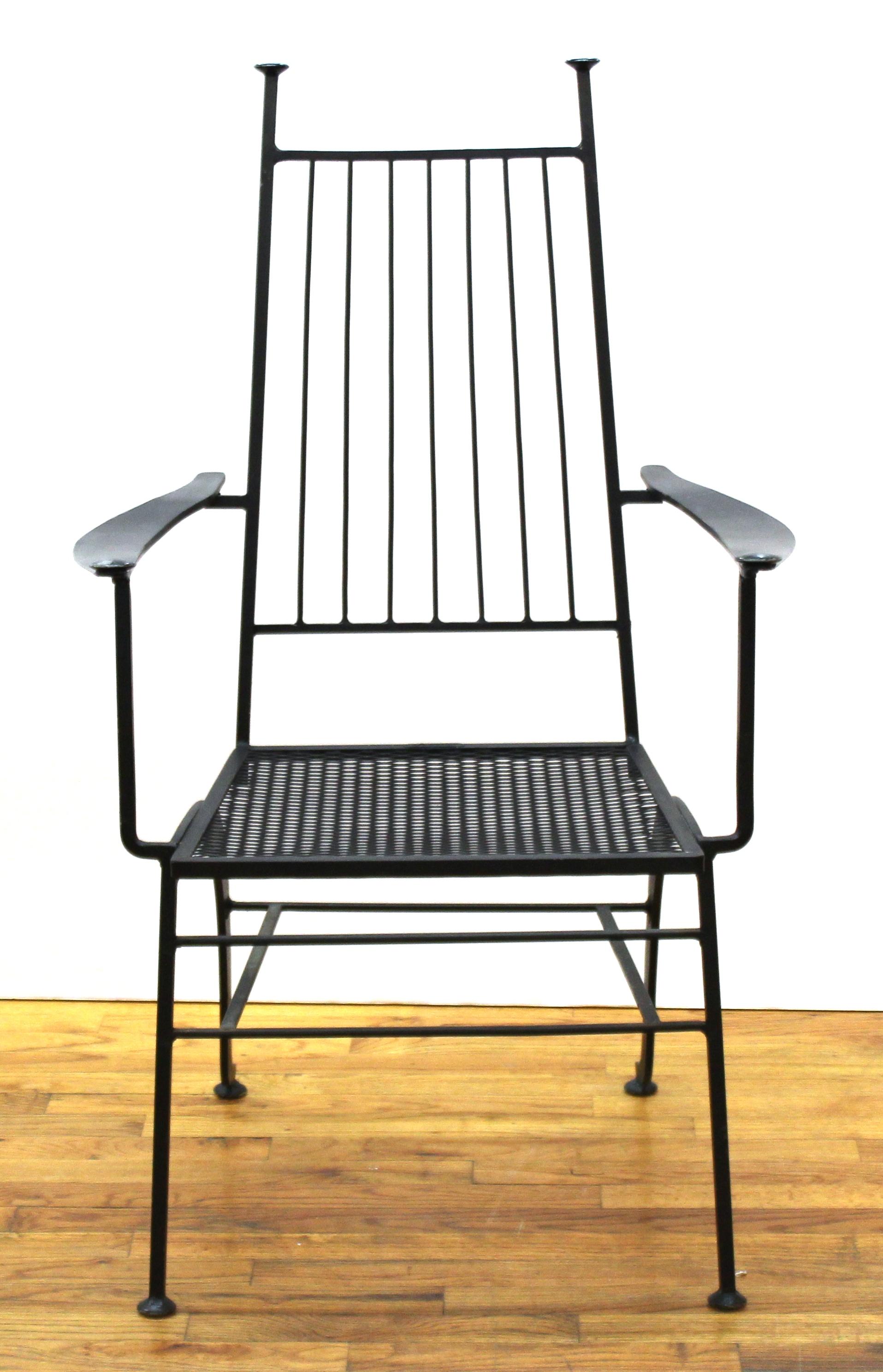 John Salterini for Russell Woodard Mid-Century Modern set of five iron patio chairs. The set comes with individual upholstered seat and back cushions. Makers mark on the back of the seat. In great vintage condition with age-appropriate wear and use.