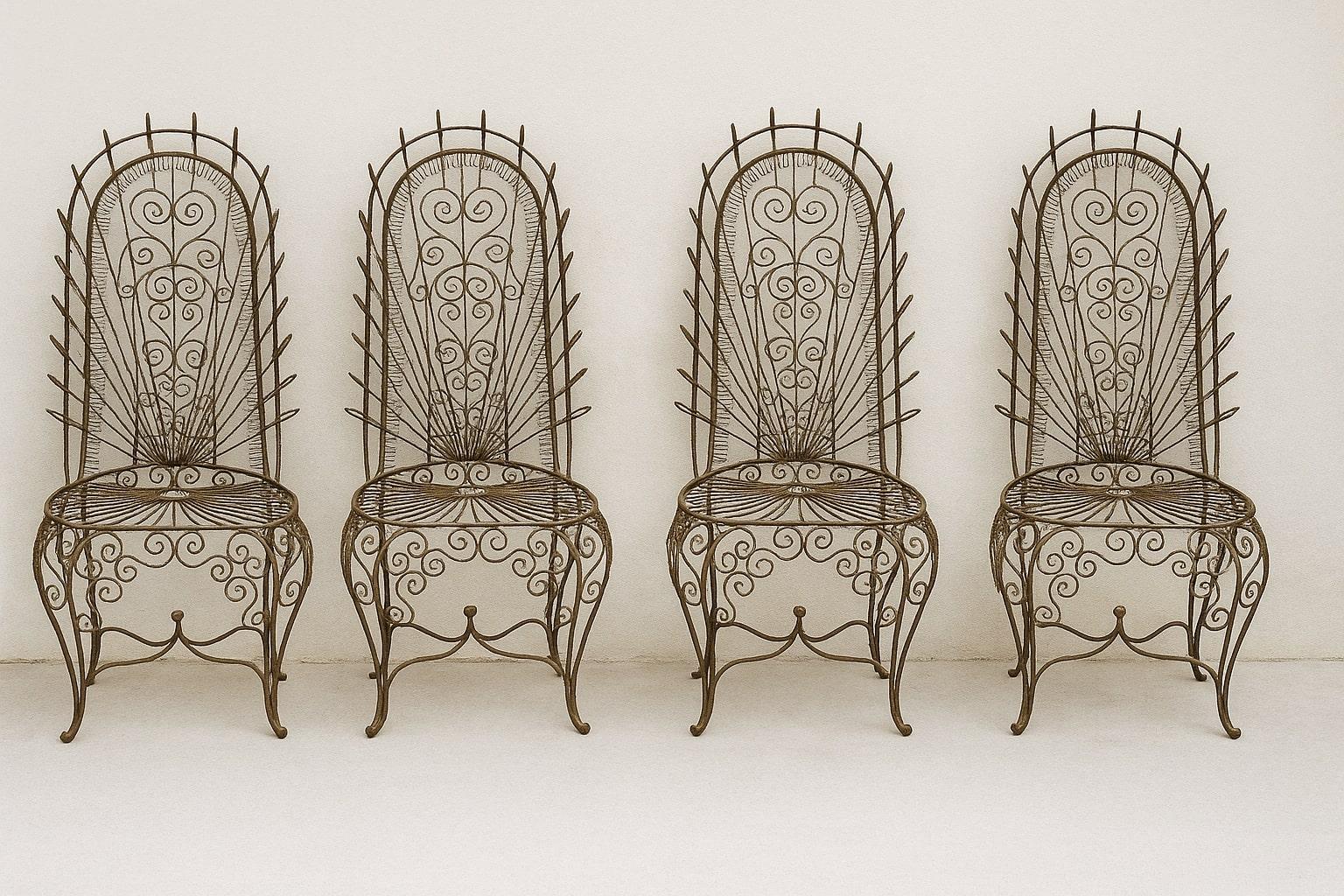A Masterpiece of Design and Craftsmanship

Step into a world of vintage elegance with John Salterini’s iconic Peacock Chairs with Heart-Shaped Finials. With their intricate wrought iron detailing and signature high-back silhouette, these chairs are