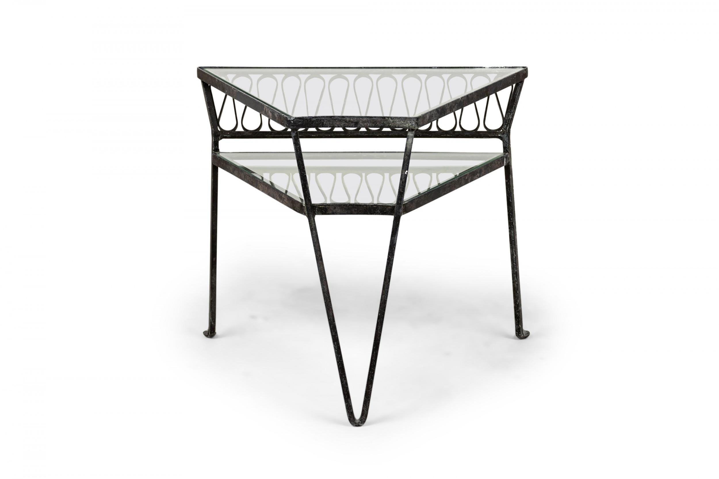 Mid-Century Modern John Salterini Midcentury Two-Tiered Wrought Iron and Glass Side Tables For Sale