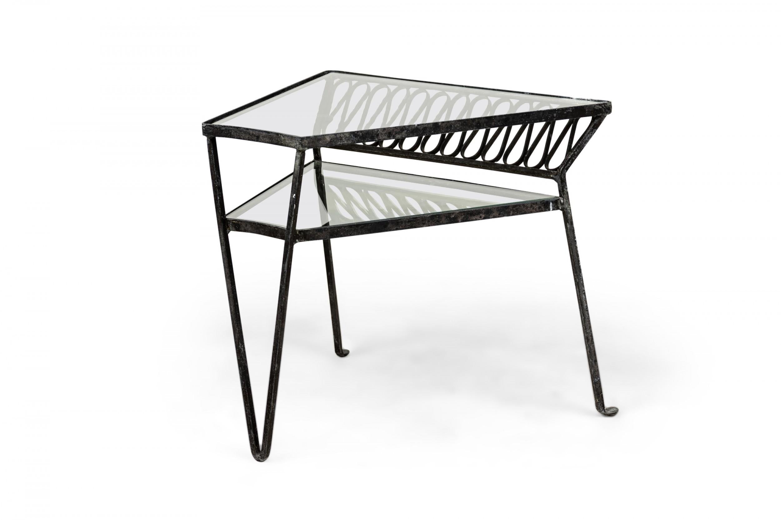 John Salterini Midcentury Two-Tiered Wrought Iron and Glass Side Tables In Good Condition For Sale In New York, NY