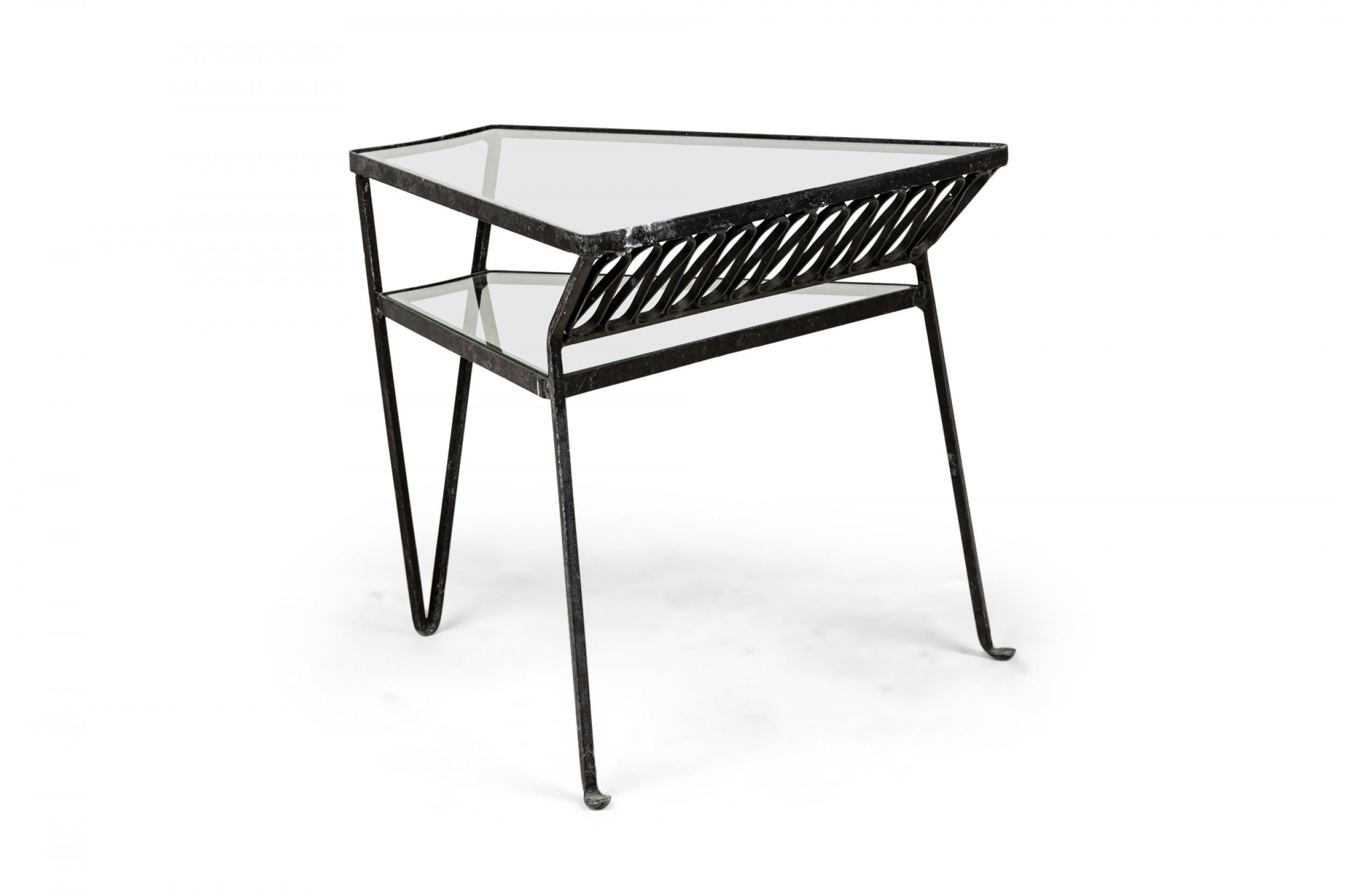 John Salterini Midcentury Two-Tiered Wrought Iron and Glass Side Tables For Sale 1