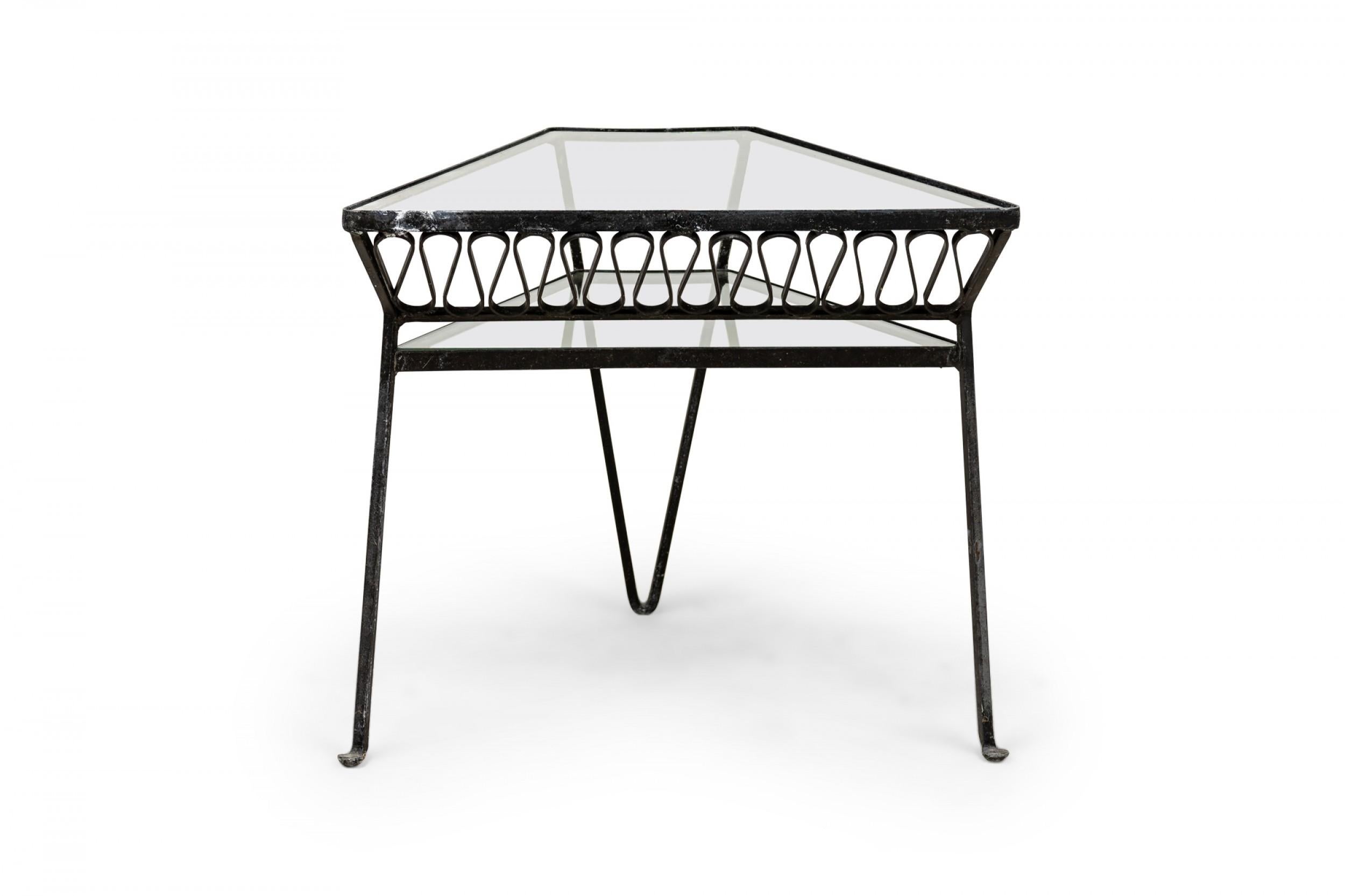 John Salterini Midcentury Two-Tiered Wrought Iron and Glass Side Tables For Sale 2