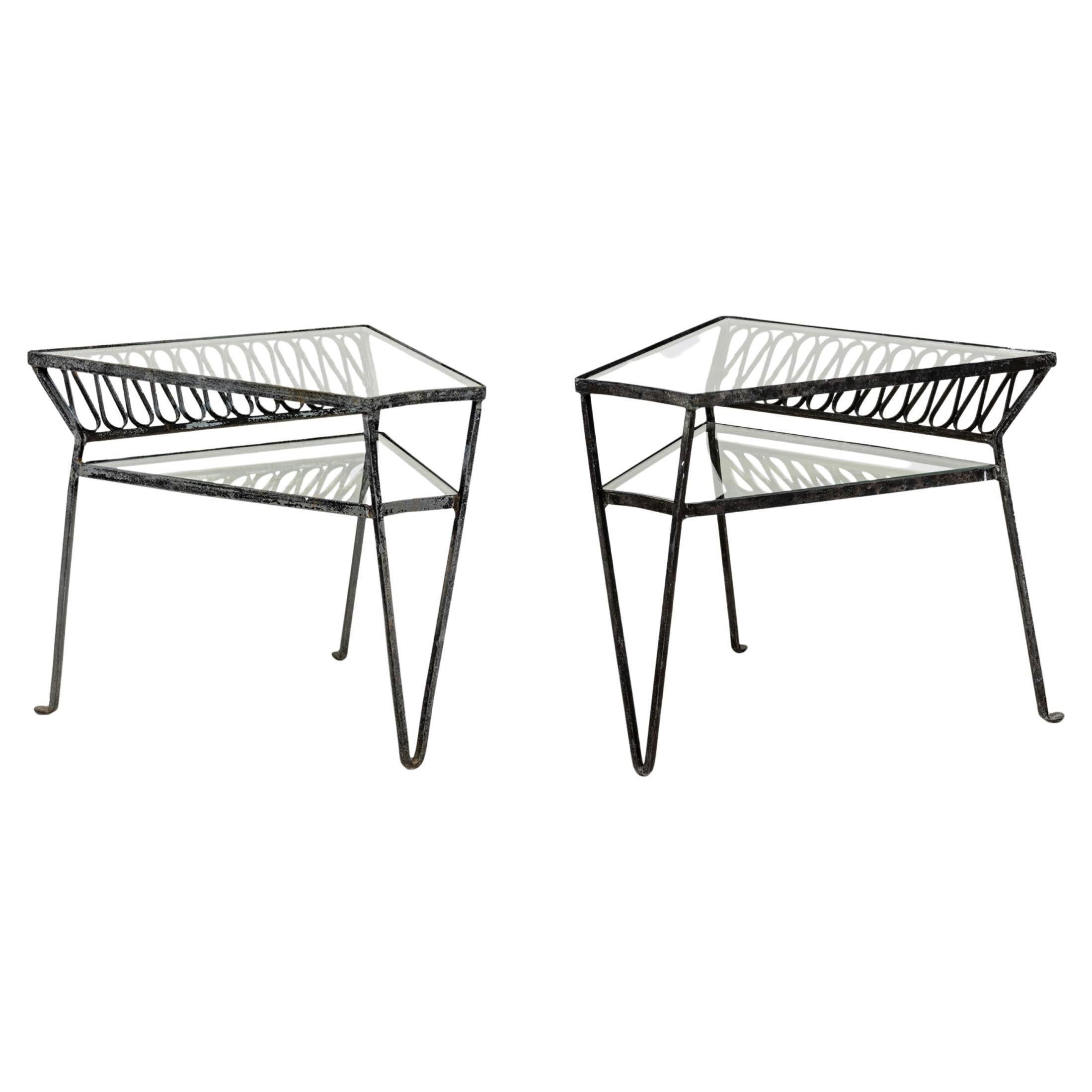 John Salterini Midcentury Two-Tiered Wrought Iron and Glass Side Tables For Sale