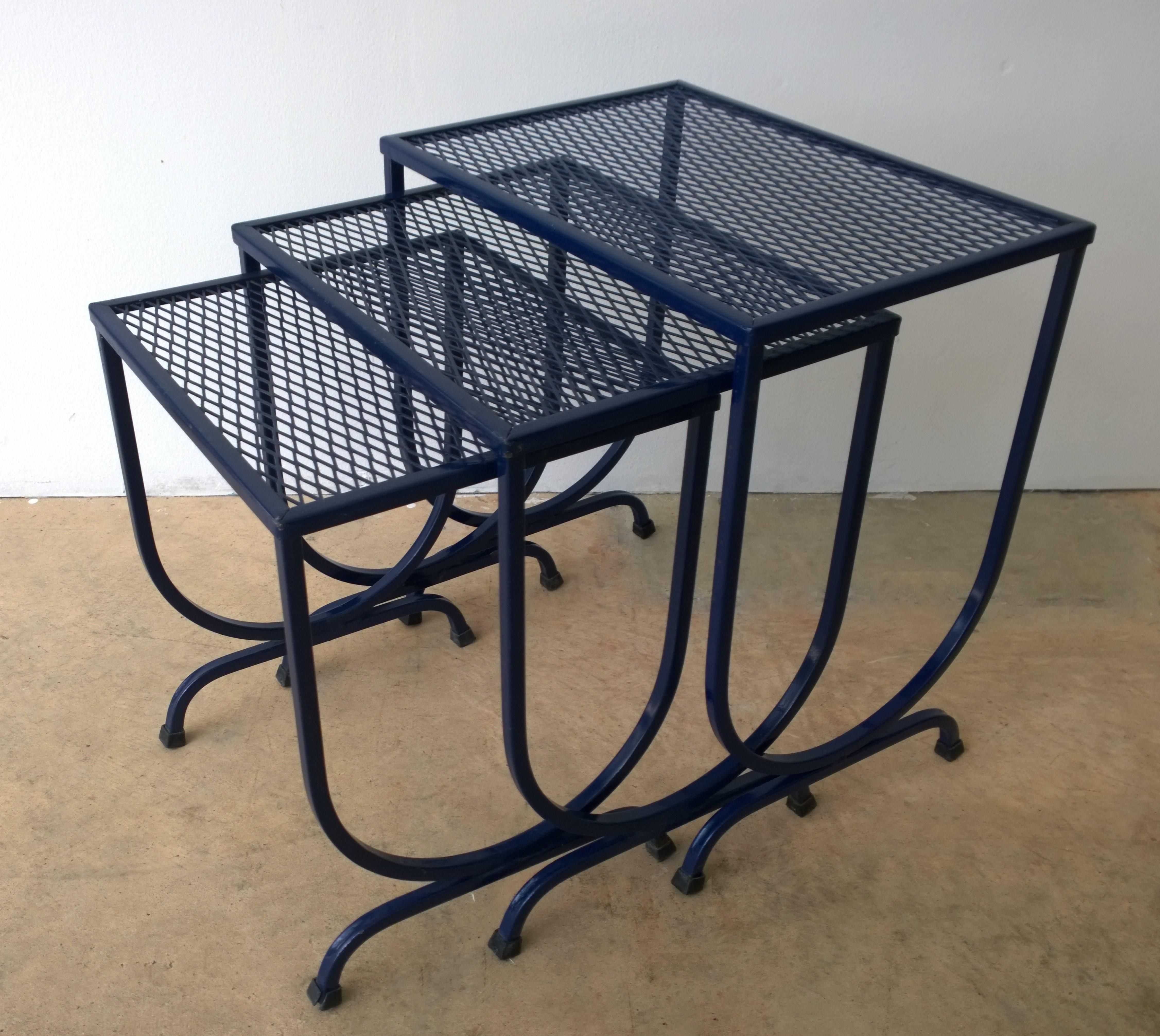 S/3 Salterini Newly Enameled Blue Wrought Iron Patio Stacking / Nesting Tables 2