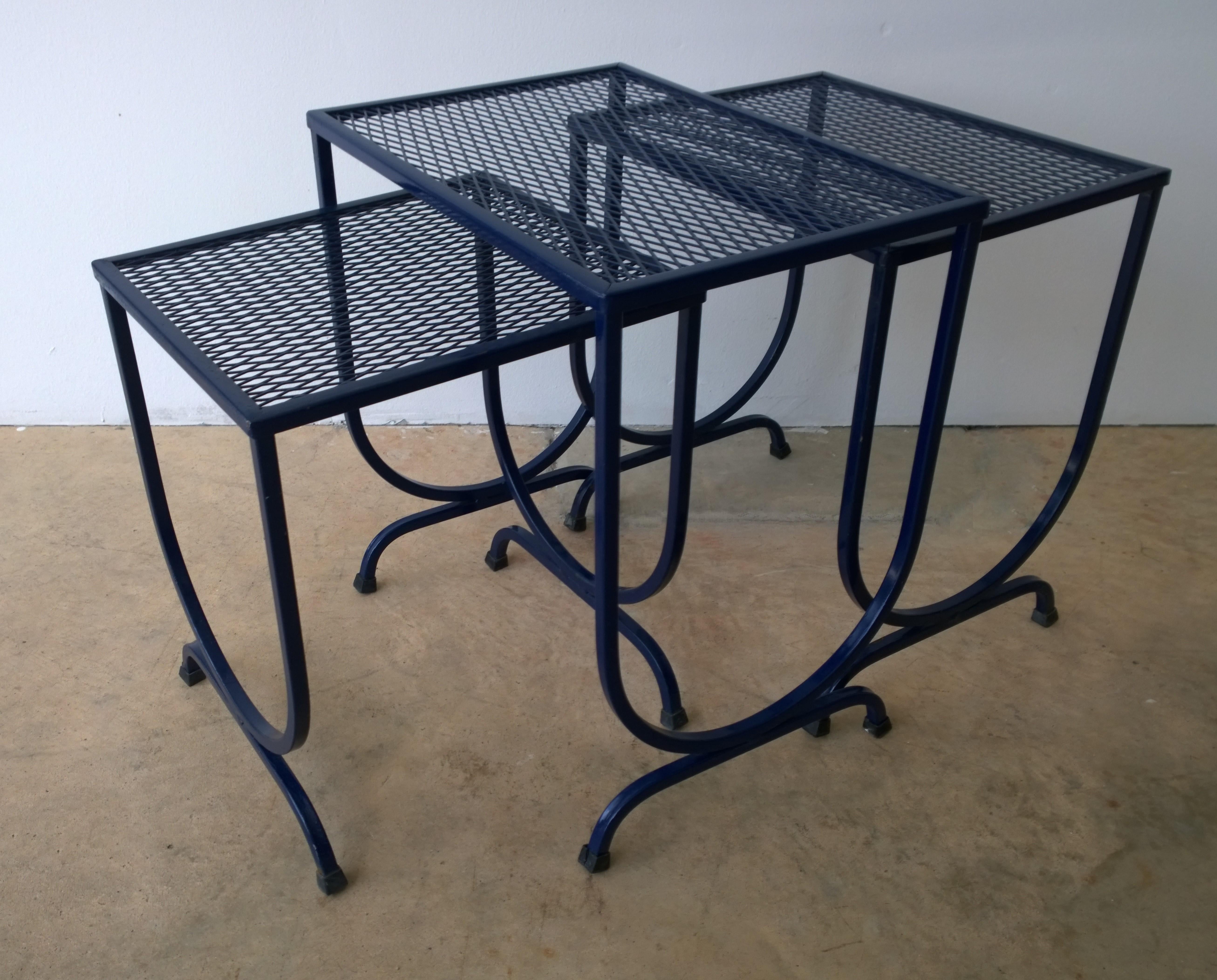 S/3 Salterini Newly Enameled Blue Wrought Iron Patio Stacking / Nesting Tables 5