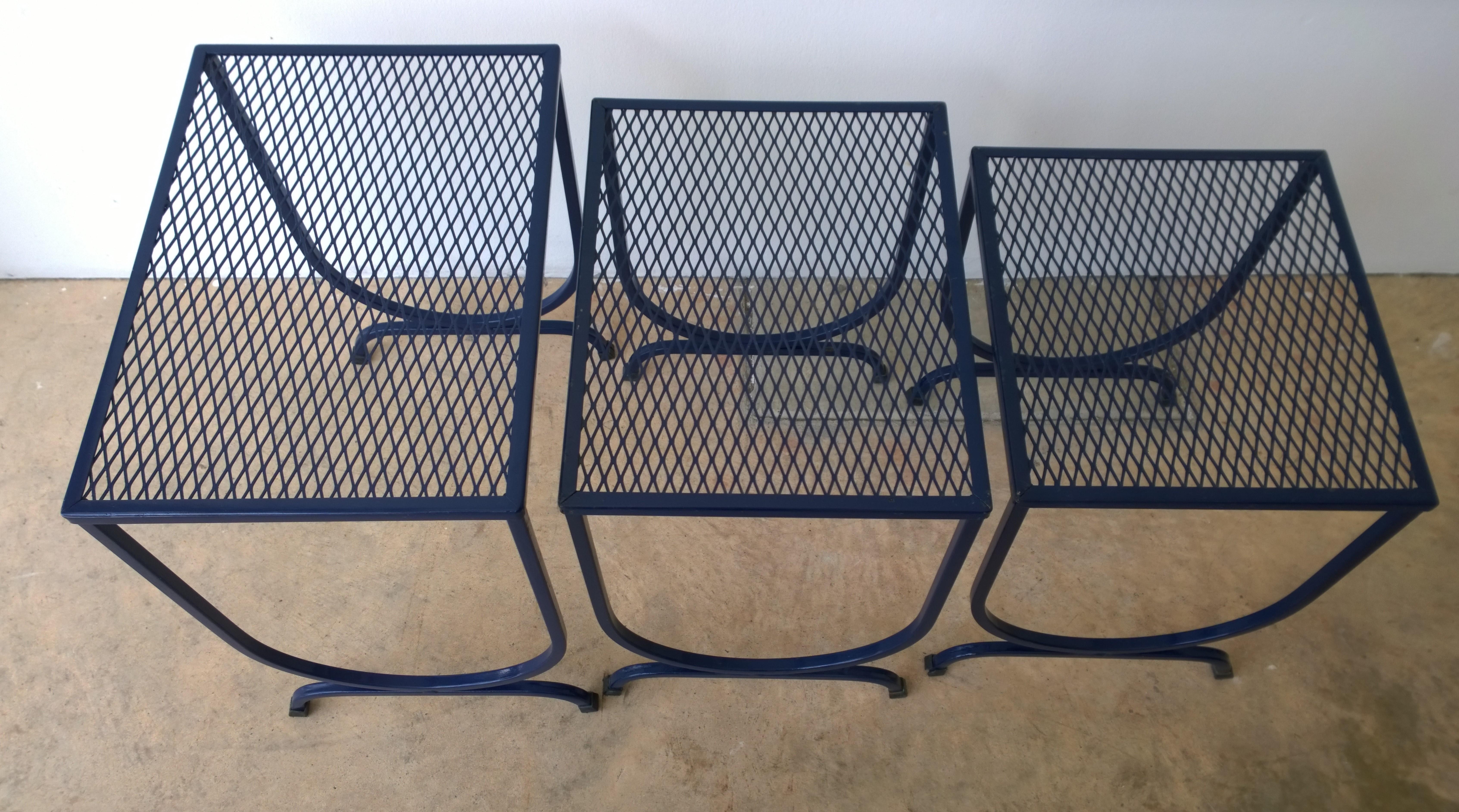 S/3 Salterini Newly Enameled Blue Wrought Iron Patio Stacking / Nesting Tables 6