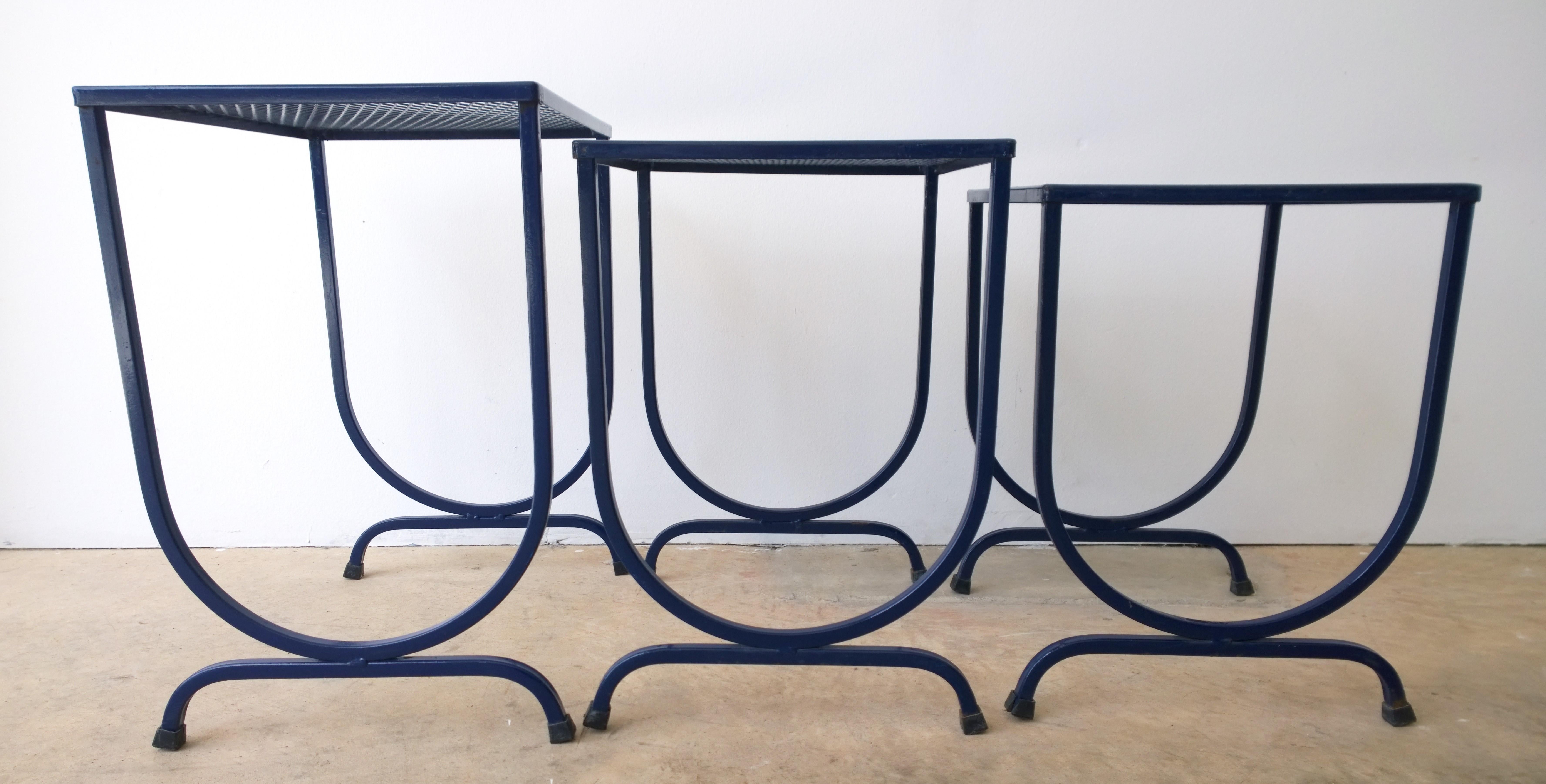 S/3 Salterini Newly Enameled Blue Wrought Iron Patio Stacking / Nesting Tables 7