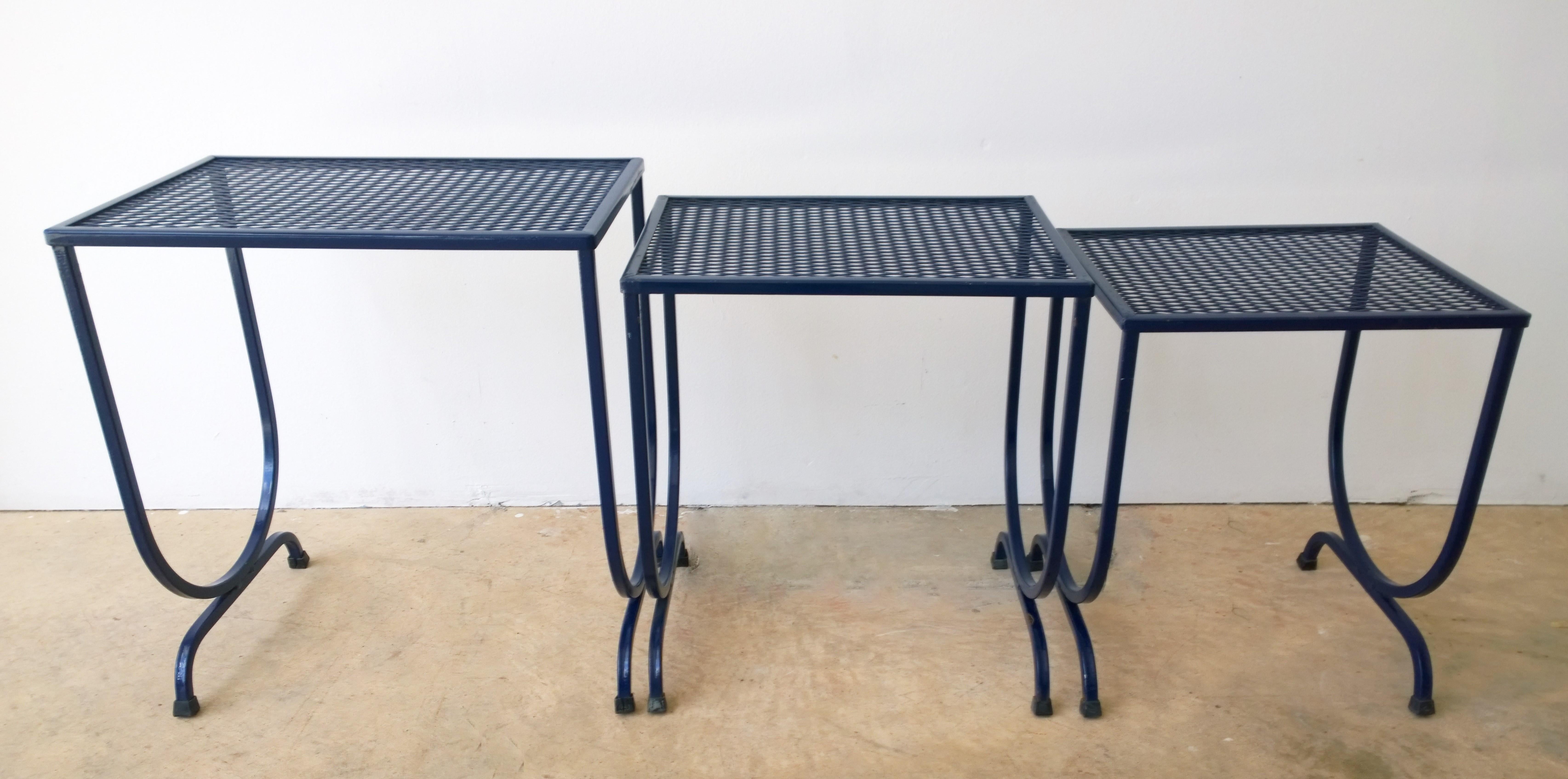 S/3 Salterini Newly Enameled Blue Wrought Iron Patio Stacking / Nesting Tables 8