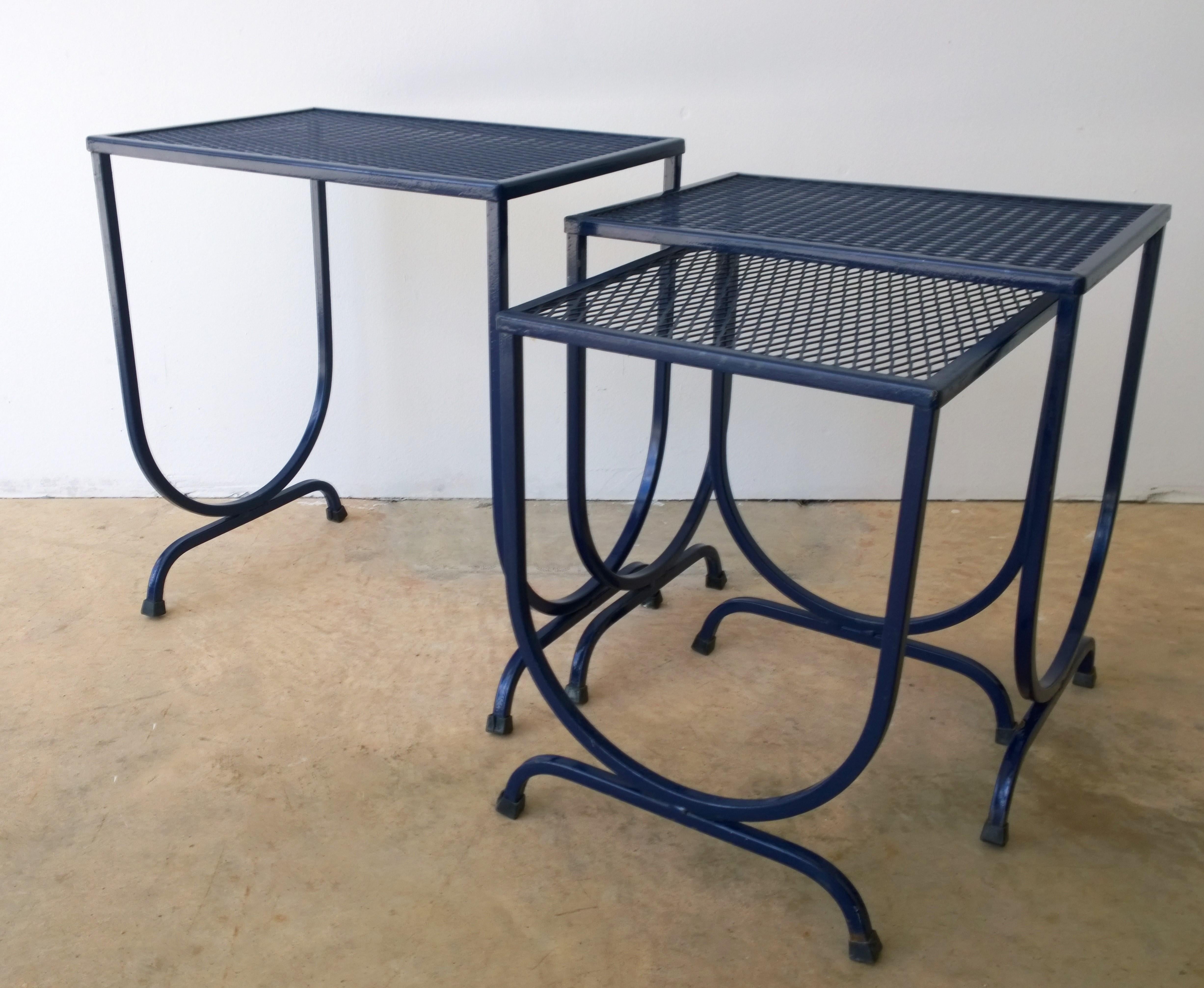 S/3 Salterini Newly Enameled Blue Wrought Iron Patio Stacking / Nesting Tables 9