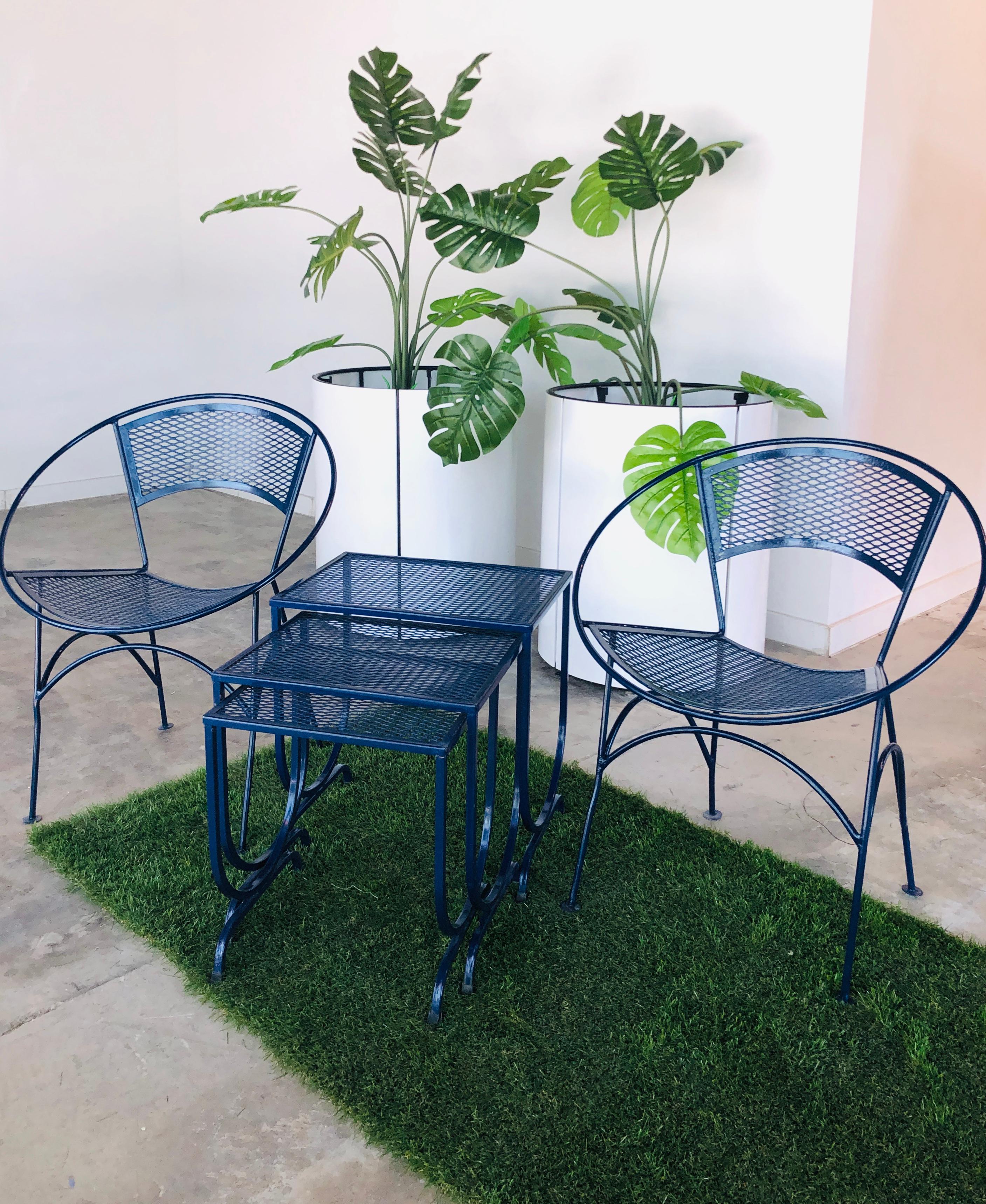 S/3 Salterini Newly Enameled Blue Wrought Iron Patio Stacking / Nesting Tables 14